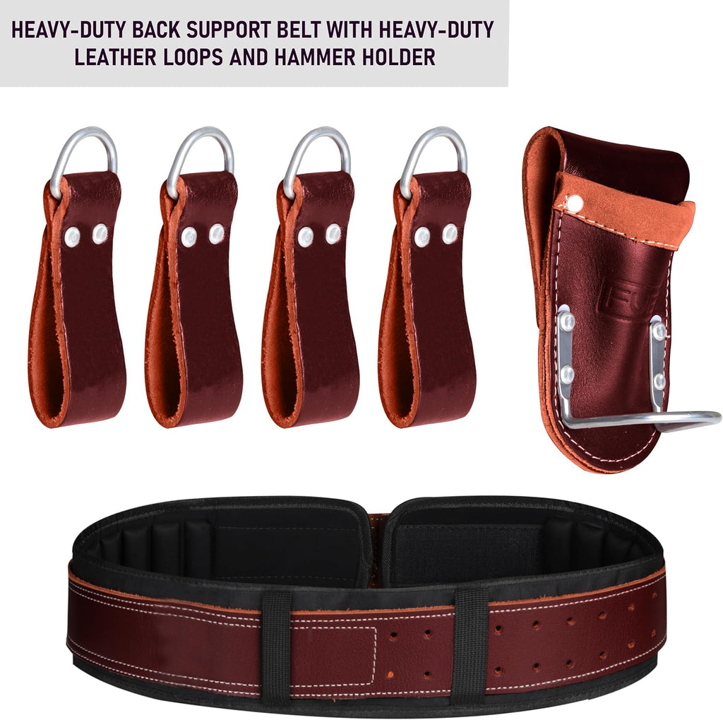 FUERI Electrician's Heavy Duty 26 Pocket Leather-Nylon Tool Belt & Bag Combo for Men, Comfort Back Support Padded Belt, 2 Large Storage Capacity Pouches, Best for Framers, Carpenter, Roofing