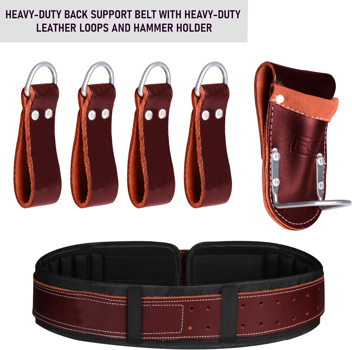 FUERI Electrician's Heavy Duty 26 Pocket Leather-Nylon Tool Belt & Bag Combo for Men, Comfort Back Support Padded Belt, 2 Large Storage Capacity Pouches, Best for Framers, Carpenter, Roofing
