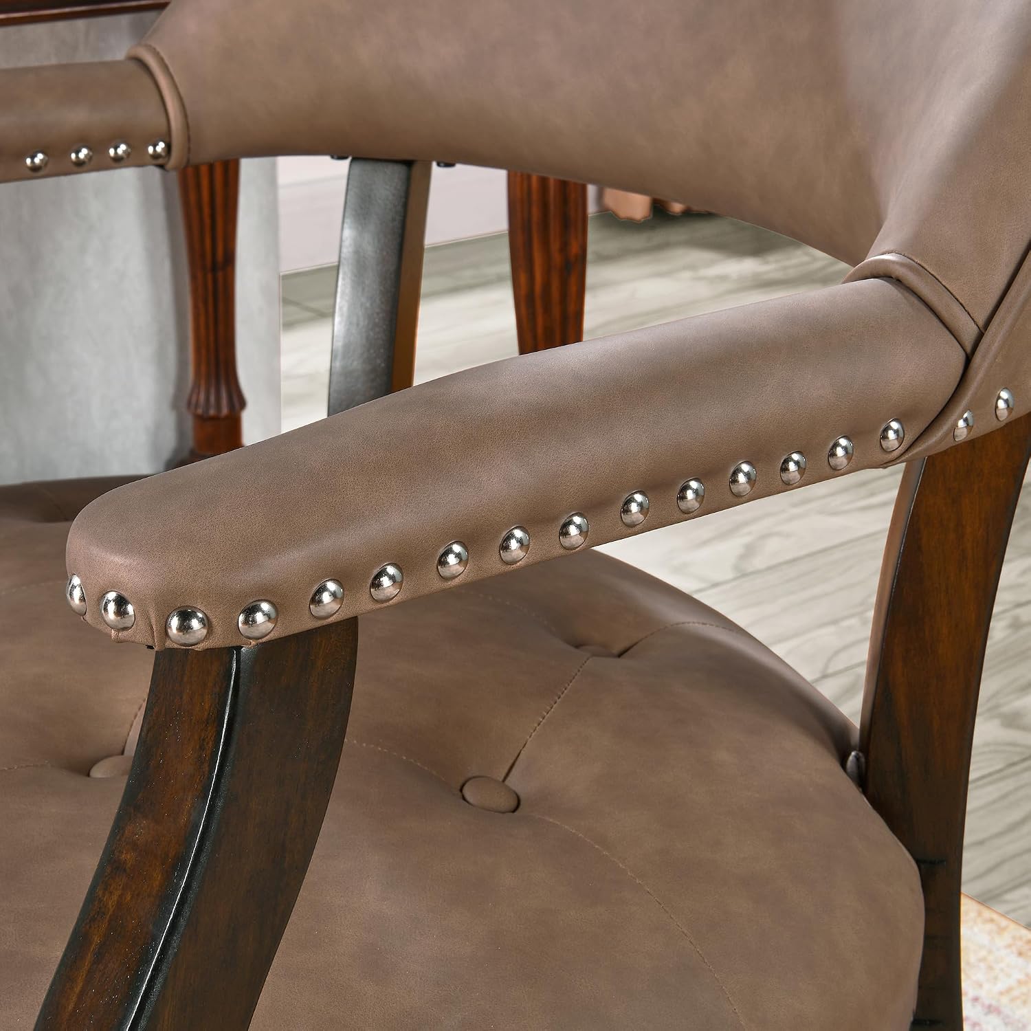 Dining Chairs with Upholstered,Office Desk Chair with Arms and Metal Rivets. PU Boss Captain's Chairs,Classic Accent Stool for Dining Room, Bedroom Brown Legs &Yellowish Brown NX173-318EY