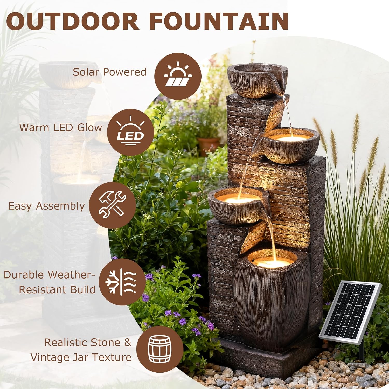 38.2' Tall Solar Powered Water Fountain for Outdoor,4 Tiers Modern Cascading Bowls and Stacked Stones Solar Fountains with LED Lights for Garden, Patio, Deck, Backyard and Home Art Decor