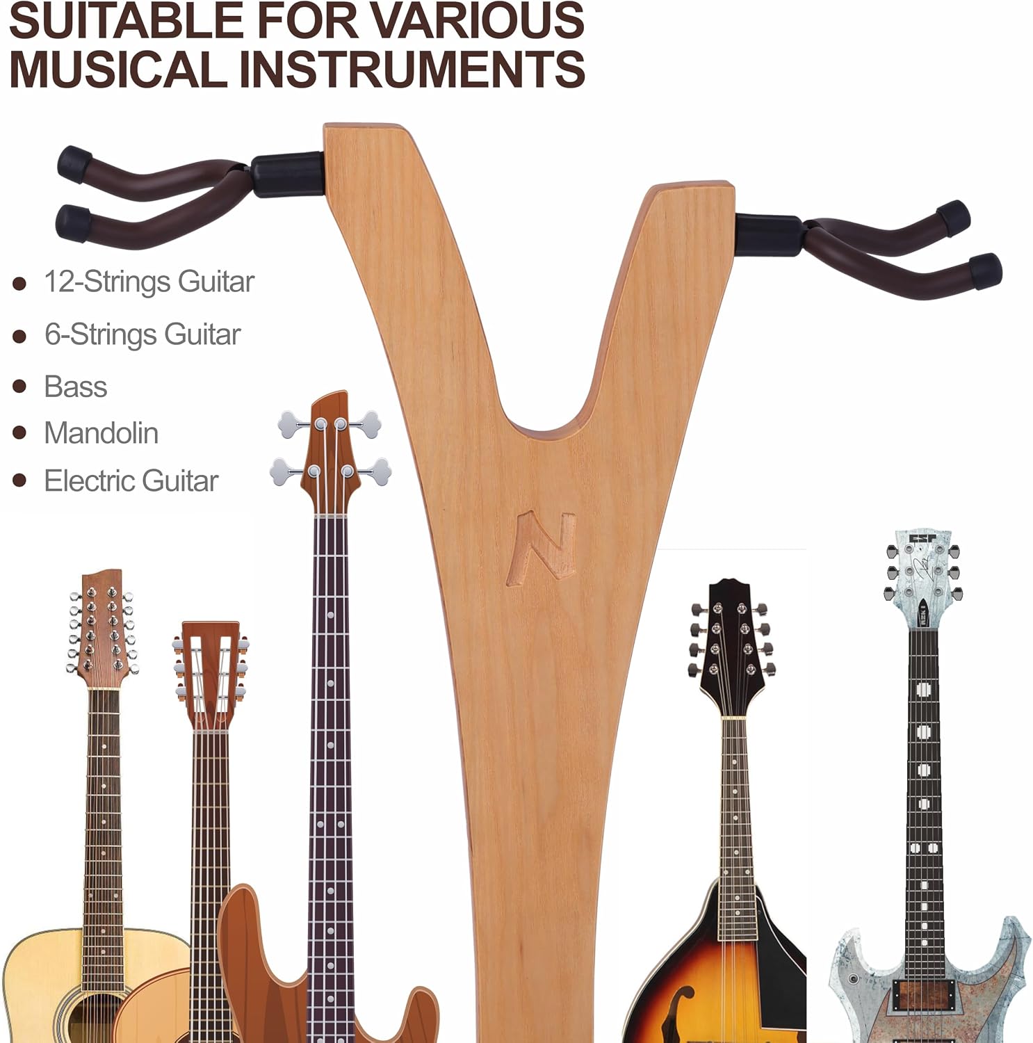 Nefelibata Wooden Guitar Stand, Handmade German Ash Solid Y-shaped Wood Racks Floor Holds 2 Guitars, for Electric Guitars, Acoustic Guitars, Classical Guitars, Banjos, Mandolins(Log)