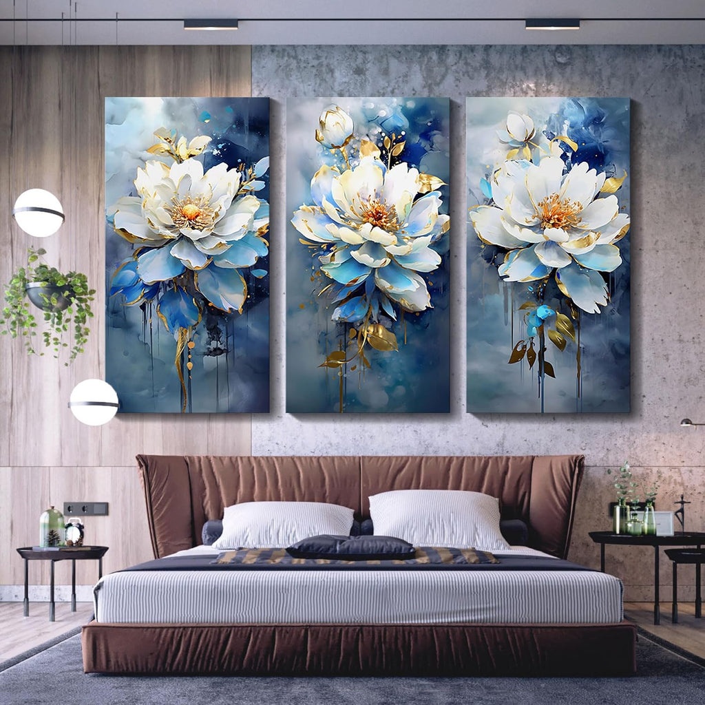 AJAZIKO Large Floral Wall Art - Modern Abstract Flower Canvas - Navy Blue 3 Piece Wall Art - Bedroom Artwork - 24x48in