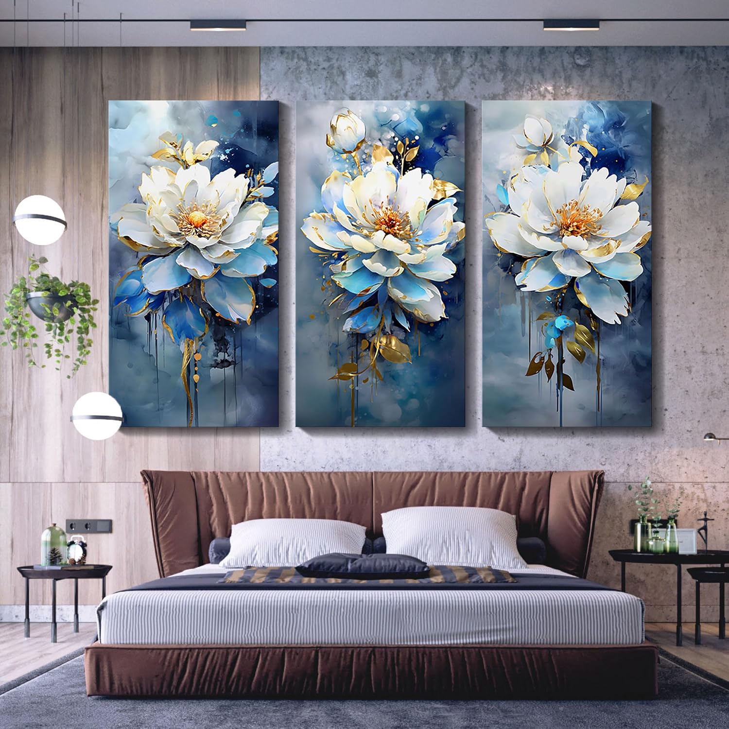 AJAZIKO Large Floral Wall Art - Modern Abstract Flower Canvas - Navy Blue 3 Piece Wall Art - Bedroom Artwork - 24x48in
