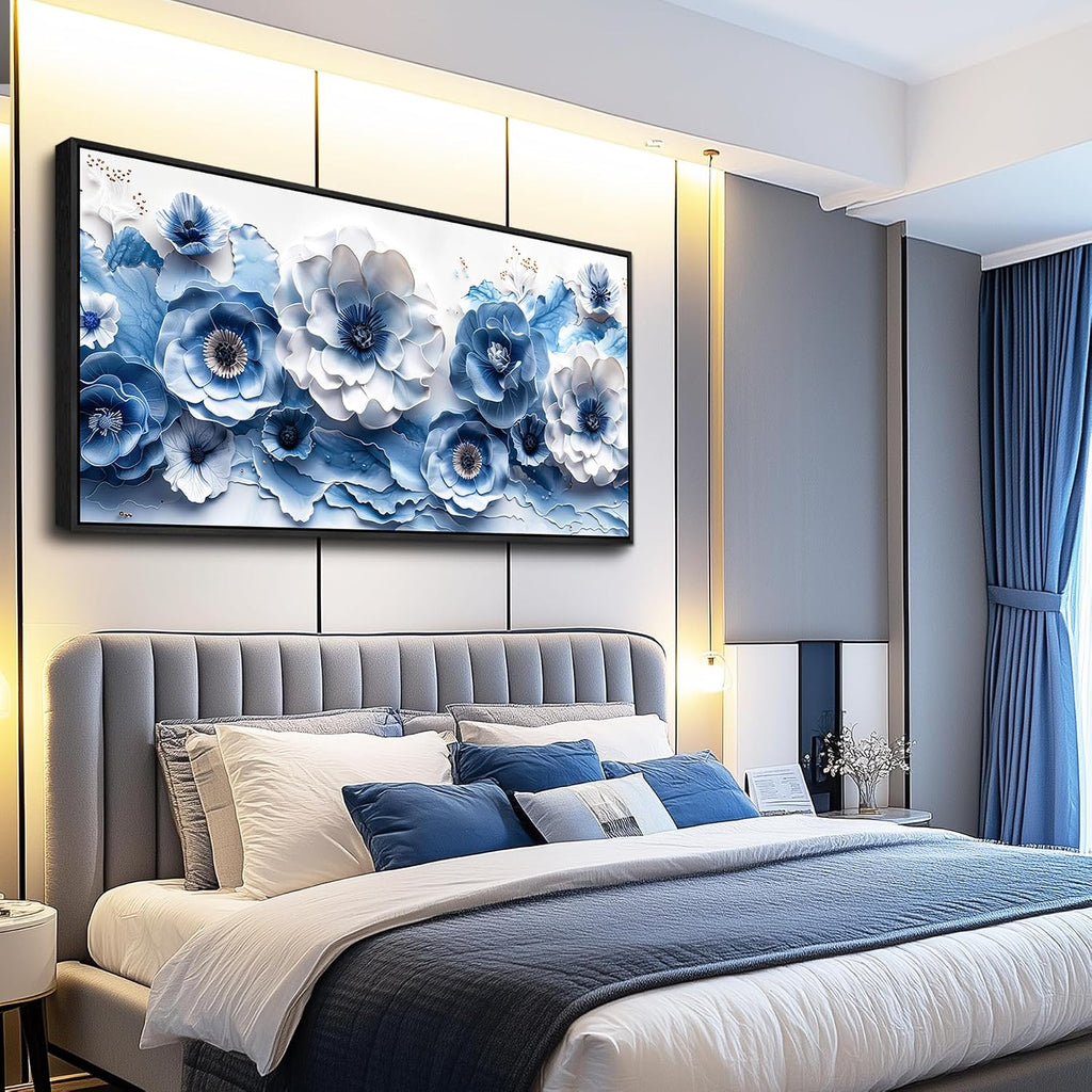 XIGUANGART Large Flower Prints Wall Art for Living Room Blue and White Paintings for Office Modern Black Framed Artwork Floral Pictures Wall Decoration for Bedroom Kitchen Women Aesthetic Home Decor