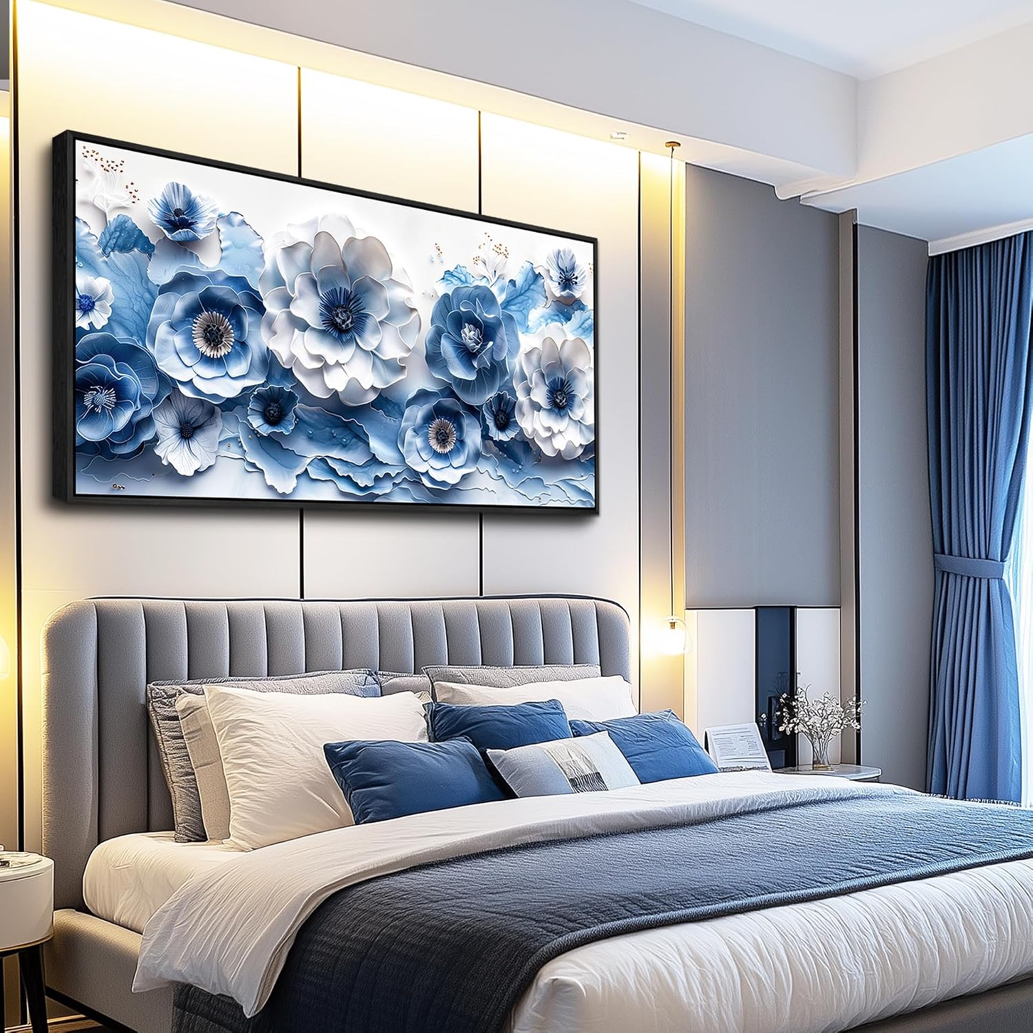 XIGUANGART Large Flower Prints Wall Art for Living Room Blue and White Paintings for Office Modern Black Framed Artwork Floral Pictures Wall Decoration for Bedroom Kitchen Women Aesthetic Home Decor