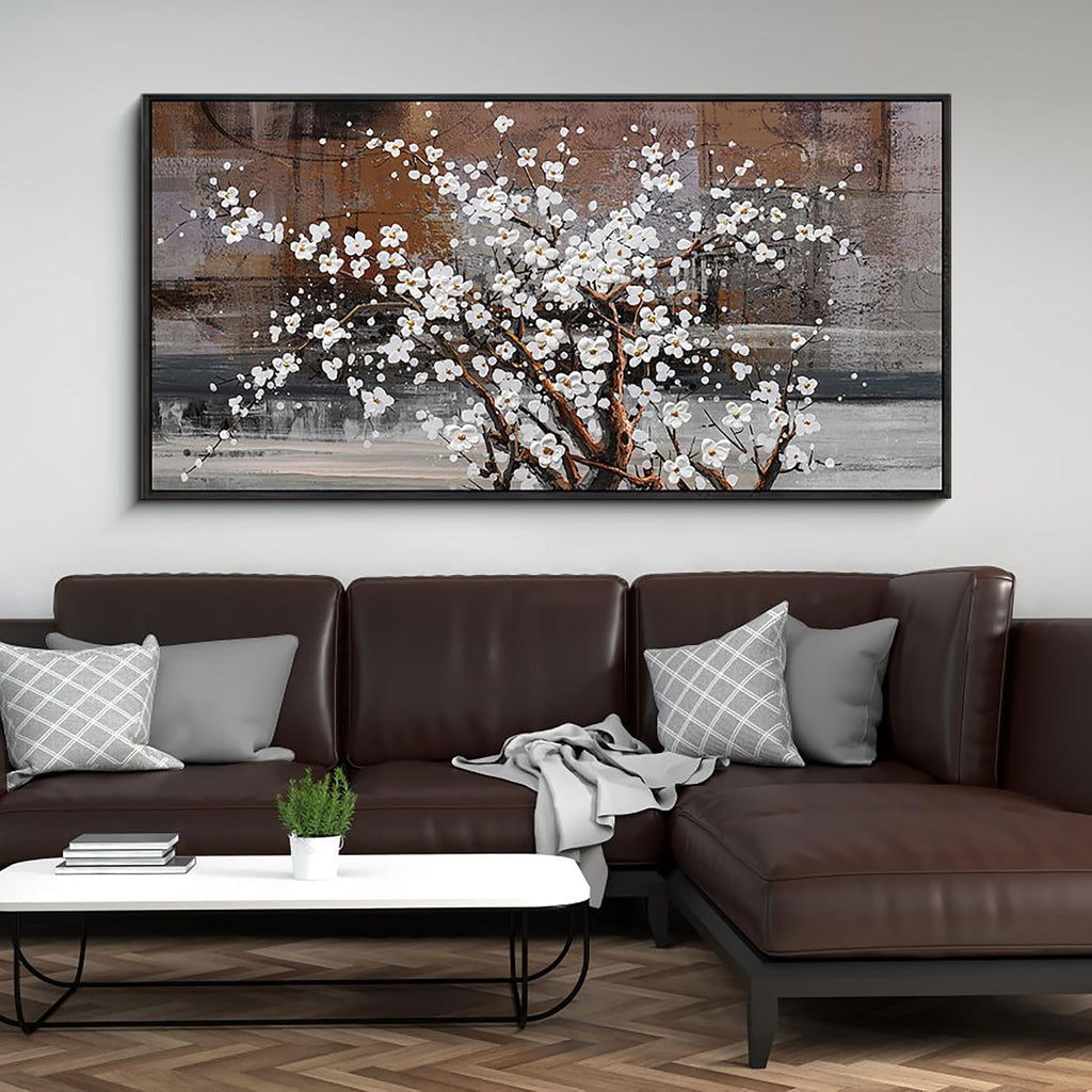 KLAKLA Wall Art for Living Room - White Plum Blossom Brown Trunk Natural Landscape Wall Decor Framed Picture Artwork for Wall Modern Paingings Extra Large Wall Art