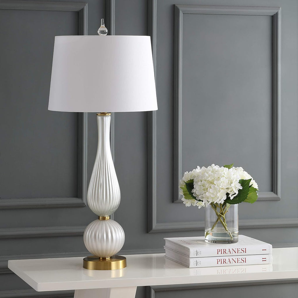JONATHAN Y 33.7' White Iridescent Fluted Glass Table Lamp, Contemporary Glam Bedside Lamp with Brass Gold Base and White Faux Silk Shade, LED Bulb Included JYL2071A