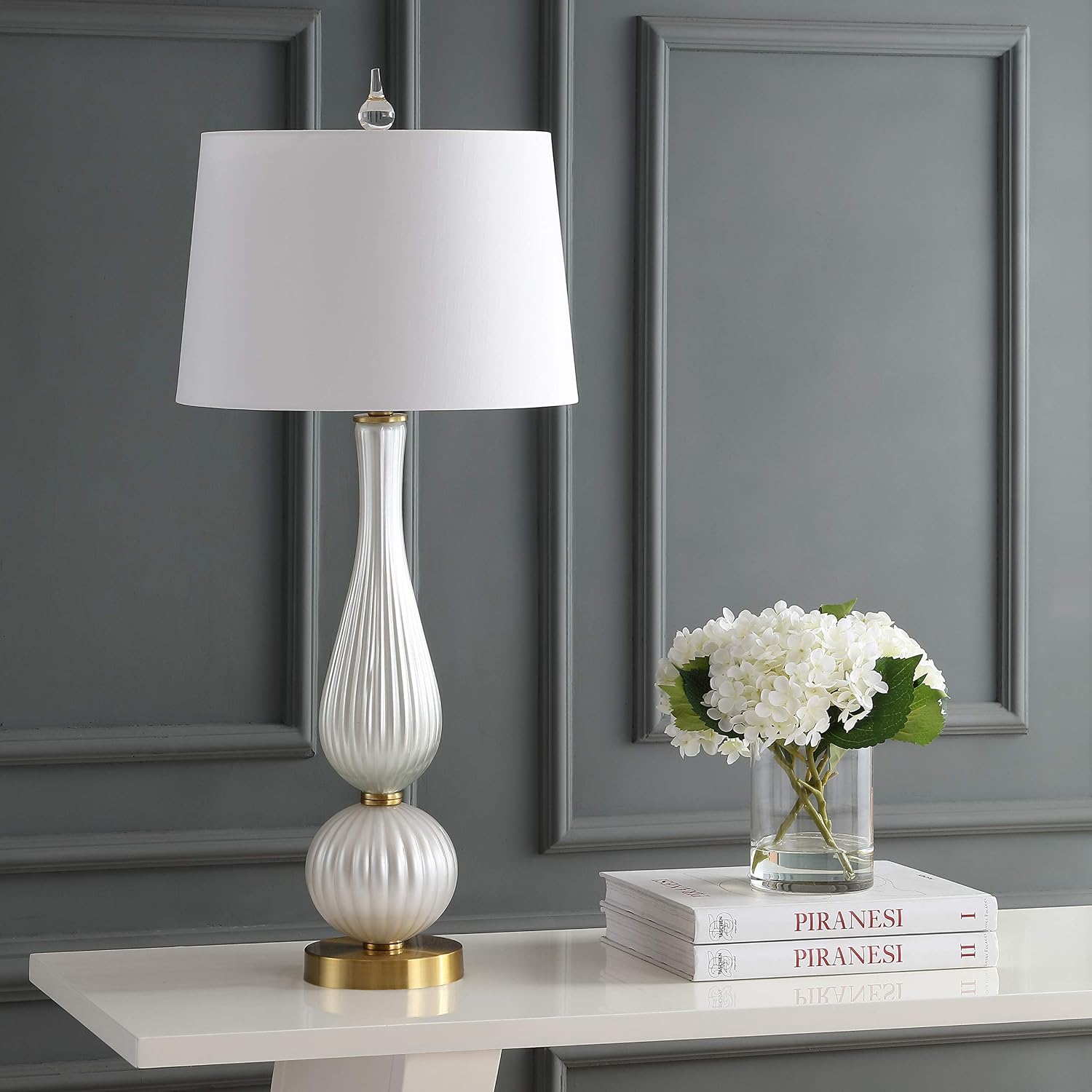JONATHAN Y 33.7' White Iridescent Fluted Glass Table Lamp, Contemporary Glam Bedside Lamp with Brass Gold Base and White Faux Silk Shade, LED Bulb Included JYL2071A