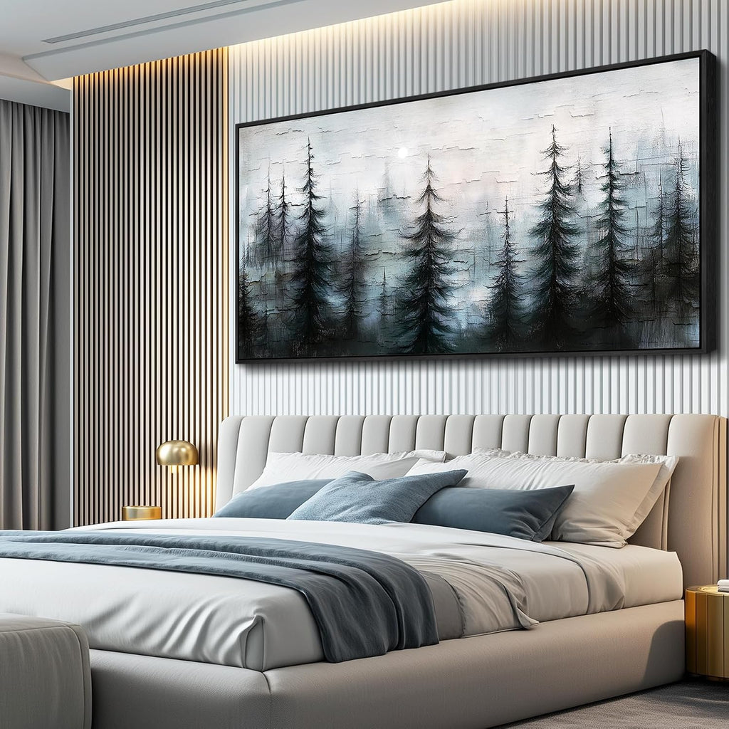 XIGUANGART Misty Forest Canvas Wall Art Nature Landscape Pictures Farmhouse Abstract Tree Watercolour Painting Wall Decor Living Room, Bedroom Home Office Decorations Artwork Black Framed Large 60x30