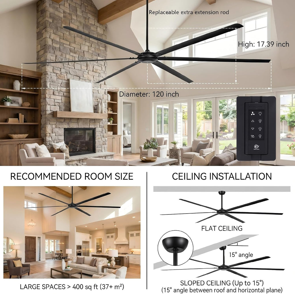 120 Inch Industrial Ceiling Fans without Lights, DC Motor Large Shop Garage Ceiling Fan with Remote, 36000 CFM High Airflow Big Ceiling Fan, Reversible Metal Commercial Fan for Warehouse Barn