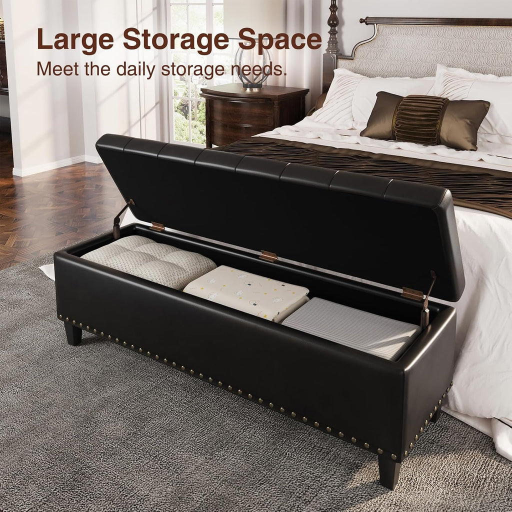 FiveWillowise Storage Ottoman Bench,51-Inch Large Storage Bench for Bedroom End of Bed, 30 Gallons Faux Leather Ottoman with Storage for Bedroom, Living Room, Entryway, Black