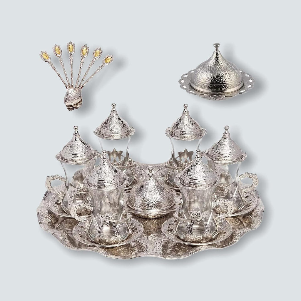 Alisveristime Handmade Turkish Tea Water Zamzam Serving Set Glasses Saucer, Tray and Spoon (Silver)