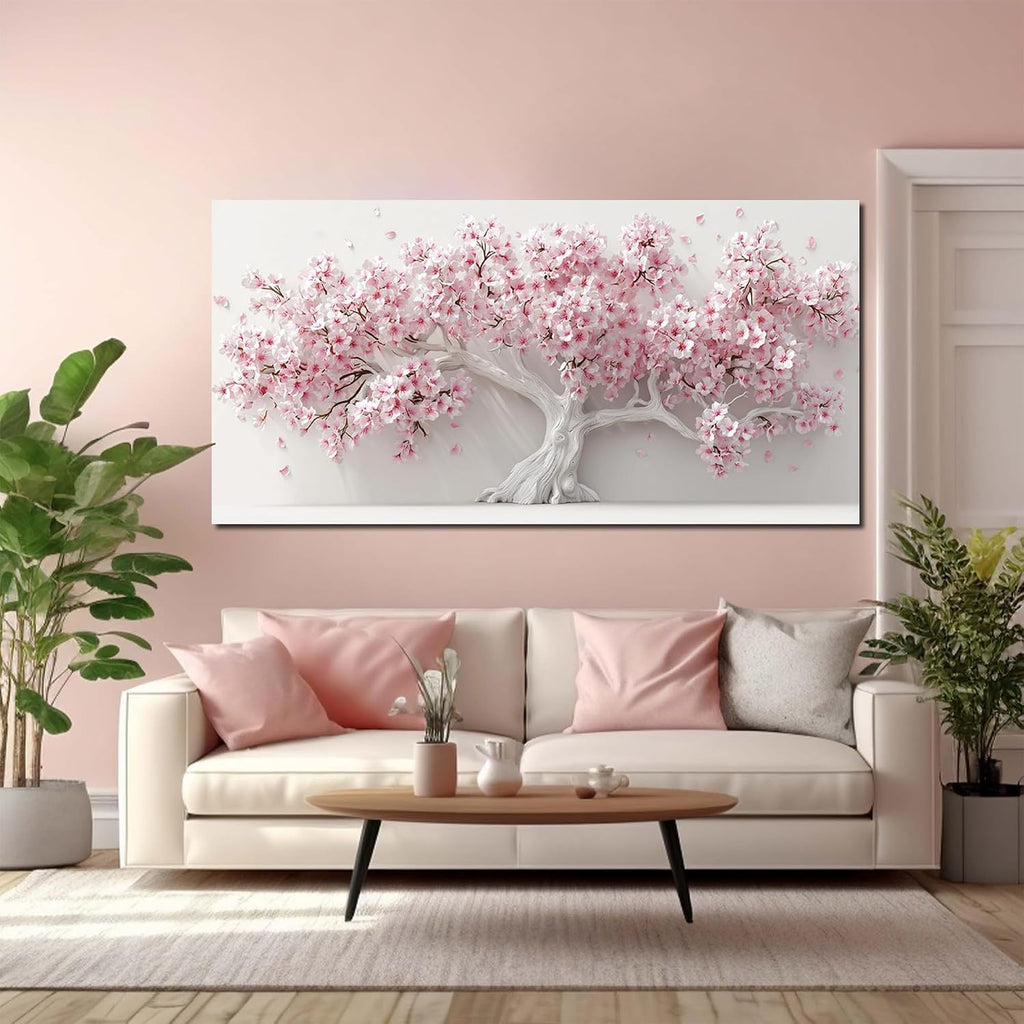 AOZEMI White Wall Art for Living Room Bedroom Home Office Pink Wall Decor Large Tree Pictures Art Flower Artwork Modern Floral Canvas 29'x 59'