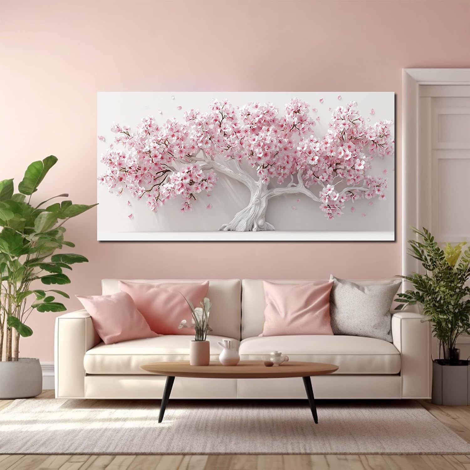 AOZEMI White Wall Art for Living Room Bedroom Home Office Pink Wall Decor Large Tree Pictures Art Flower Artwork Modern Floral Canvas 29'x 59'