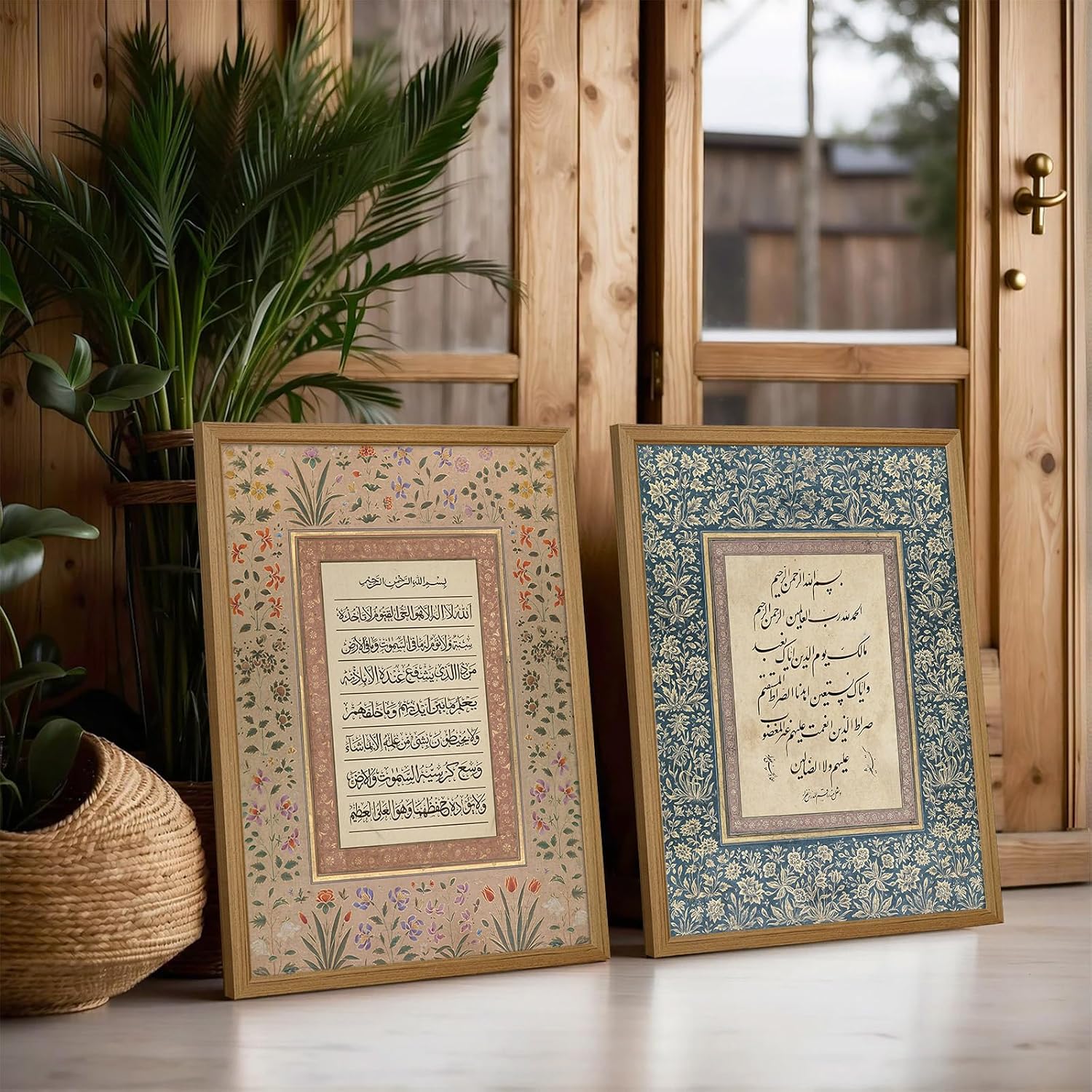 Islamic Wall Art Muslim Canvas Poster Arabic Wall Decor Vintage Painting Islamic Calligraphy Prints Ayatul Kursi Al Fatiha Pictures Ramadan Artwork for Home Living Room 24x36 Inch Wood Framed