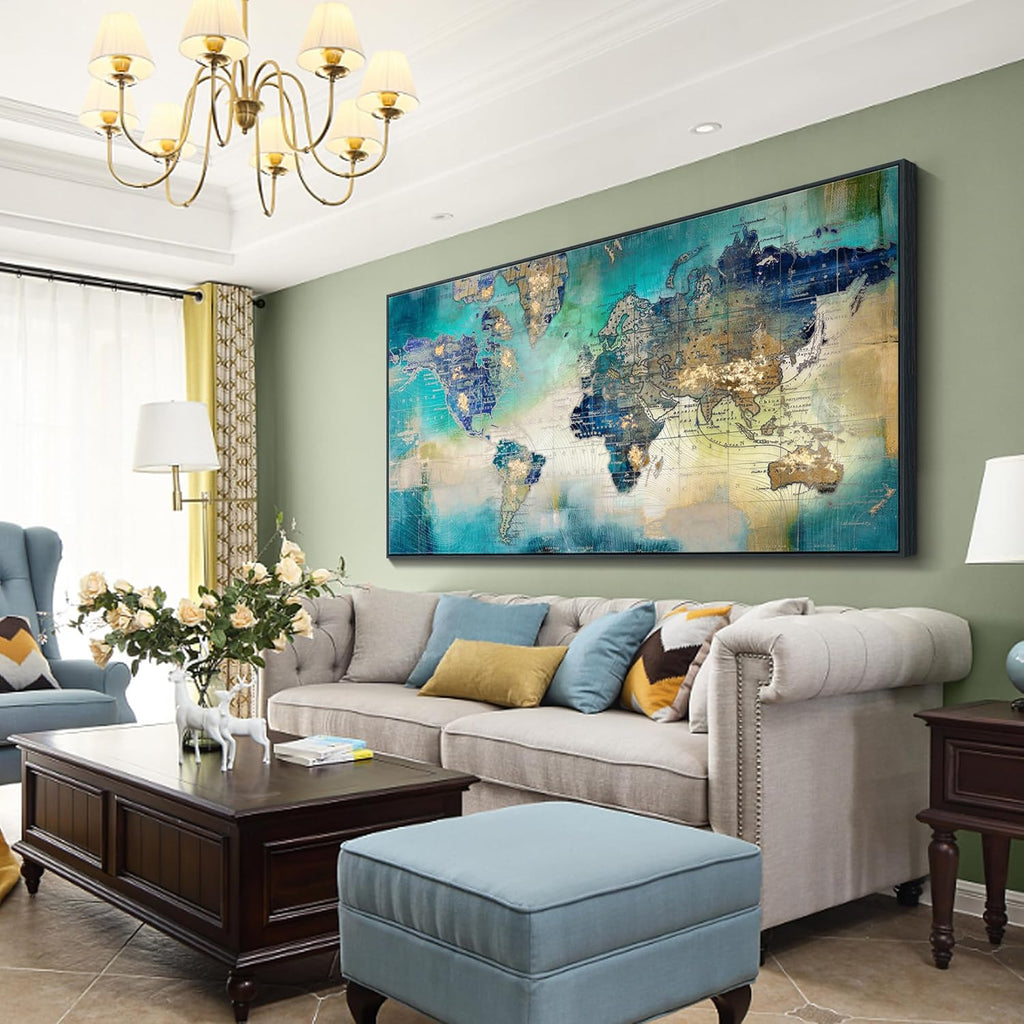 Pogusmavi World Map Wall Art for Living Room - Large Framed World Maps for Wall, Green Abstract Canvas Artwork for Walls, Modern Office Decor, Map Wall Art for Men (Black Framed) 29×58IN