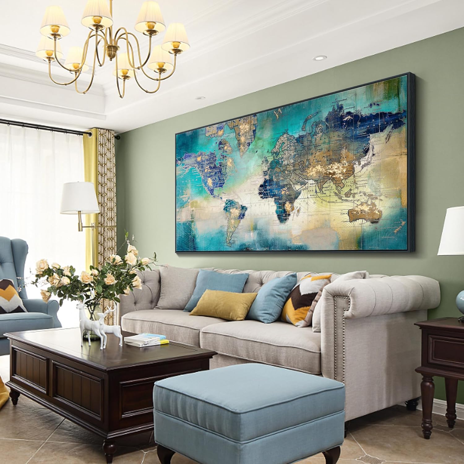 Pogusmavi World Map Wall Art for Living Room - Large Framed World Maps for Wall, Green Abstract Canvas Artwork for Walls, Modern Office Decor, Map Wall Art for Men (Black Framed) 29×58IN