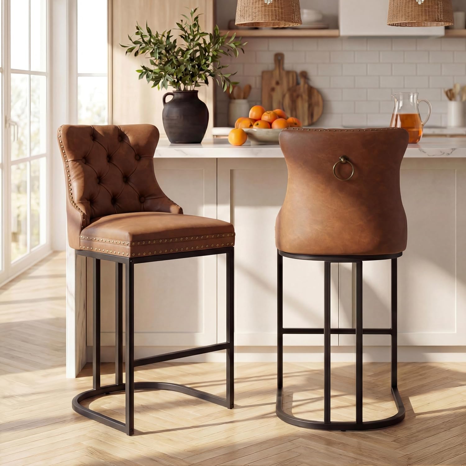 AQO Counter Height Bar Stools Set of 2 for Kitchen Island, Modern Bar Stools with Backs, 26 Inch Barstools with Upholstered Faux Leather Seat and Footrest, Brown
