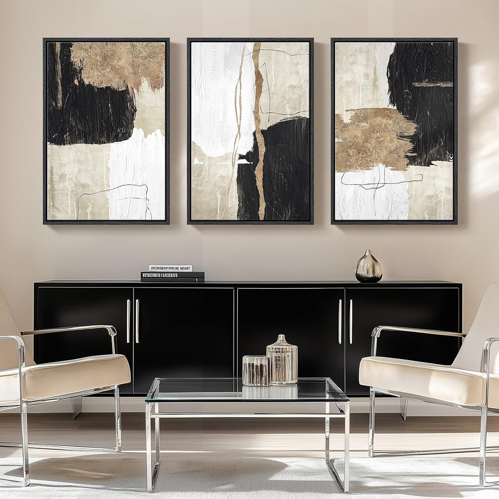 Framed Black and White Abstract Wall Art for Living Room, Large Gold 3 Piece Modern Canvas Prints Artwork for Walls, Black White and Gold Minimalist Paintings for Hallway Office Wall Decor, 24x36 Inch