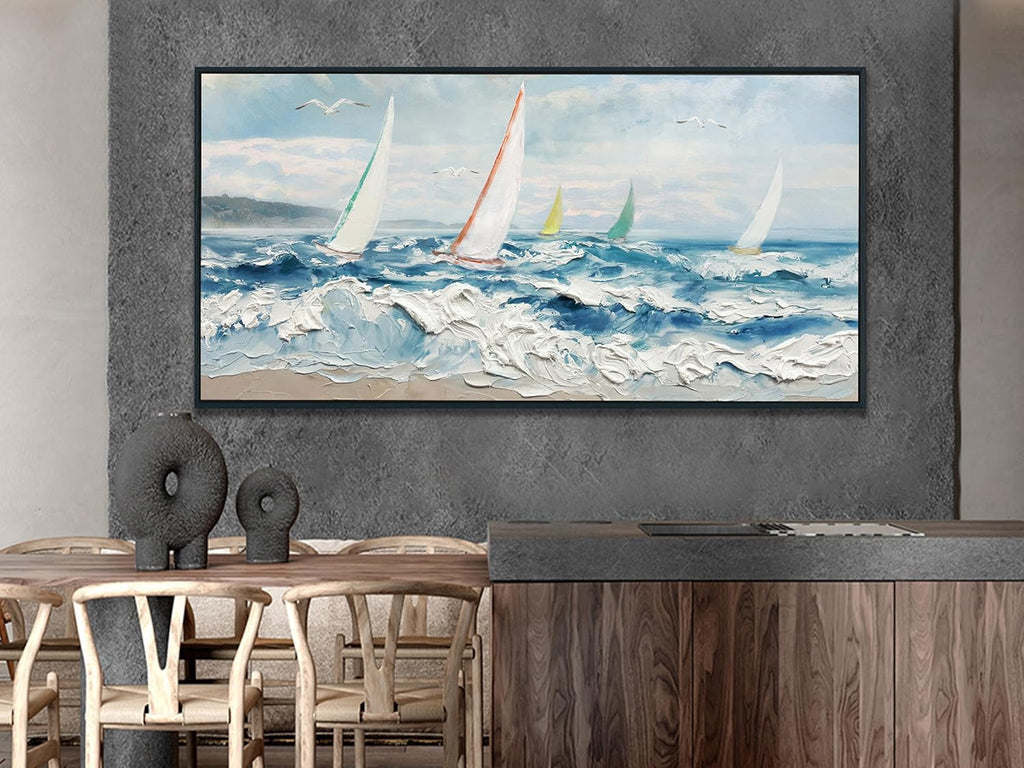 Enartly Extra 3D Textured Waves Sailboat Framed Wall Art, Ocean Coastal Beach Canvas Painting Nautical Artwork for Living Room Bedroom Dining Room Home Office Wall Decor, 58'x29'