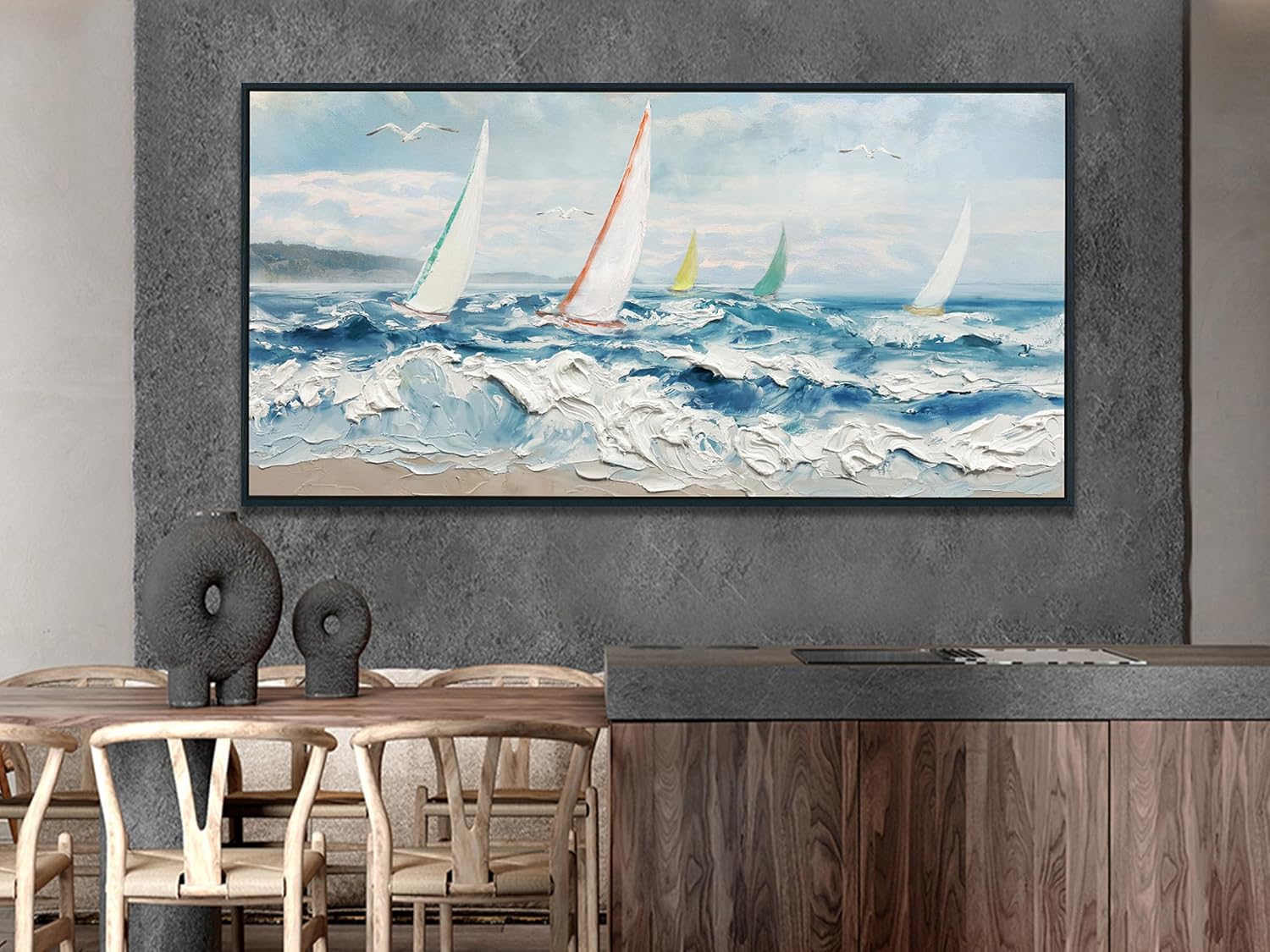 Enartly Extra 3D Textured Waves Sailboat Framed Wall Art, Ocean Coastal Beach Canvas Painting Nautical Artwork for Living Room Bedroom Dining Room Home Office Wall Decor, 58'x29'