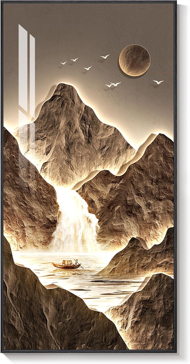 Framed Large Modern Mountain Wall Art for Living Room, Vertical Gold Bright Style Artwork for Walls, Luxury Landscape Scenery Painting Print for Entryway Hallway Stair Home Office Wall Decor, 30x60 In