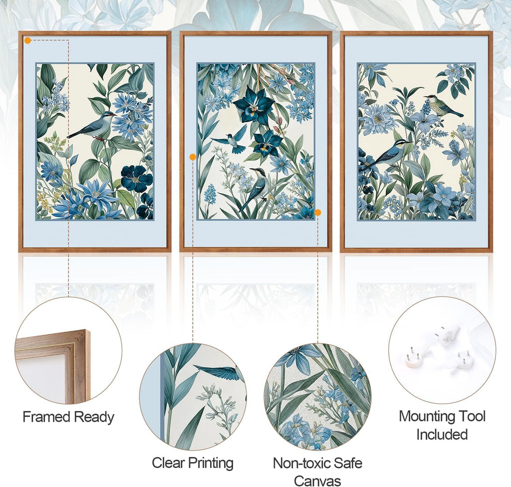 Aurlan Vintage Blue Birds and Botanical Framed Wall Art(24'x36'), 3PCS Classic Chinoiserie Audubon Bird Canvas Artwork, Large Abstract Watercolor Flowers Floral Home Decor for Bedroom Living Room