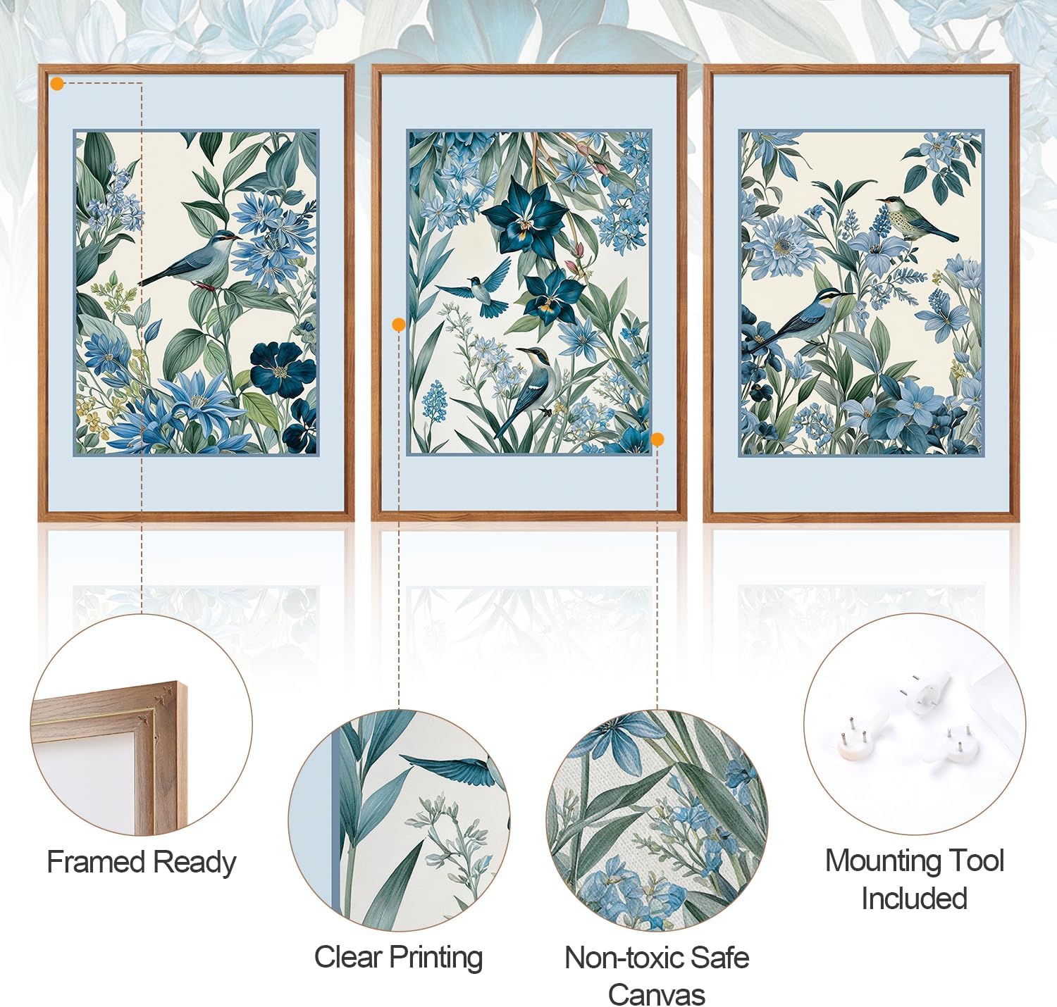 Aurlan Vintage Blue Birds and Botanical Framed Wall Art(24'x36'), 3PCS Classic Chinoiserie Audubon Bird Canvas Artwork, Large Abstract Watercolor Flowers Floral Home Decor for Bedroom Living Room