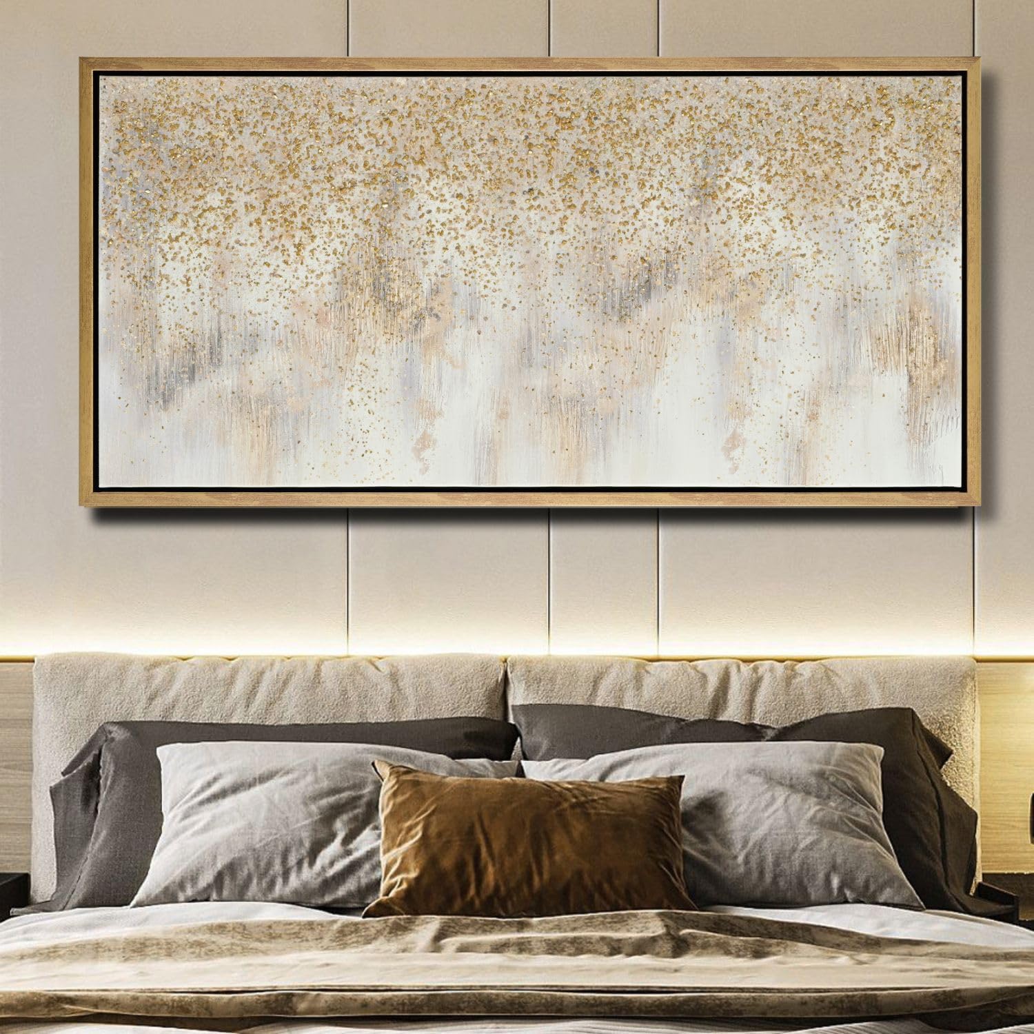 27'x56' Framed Gold Foil Abstract Wall Art,Modern Canvas Wall Paintings Abstract Artwork Large Painting for Bedroom Home Office Wall Decor