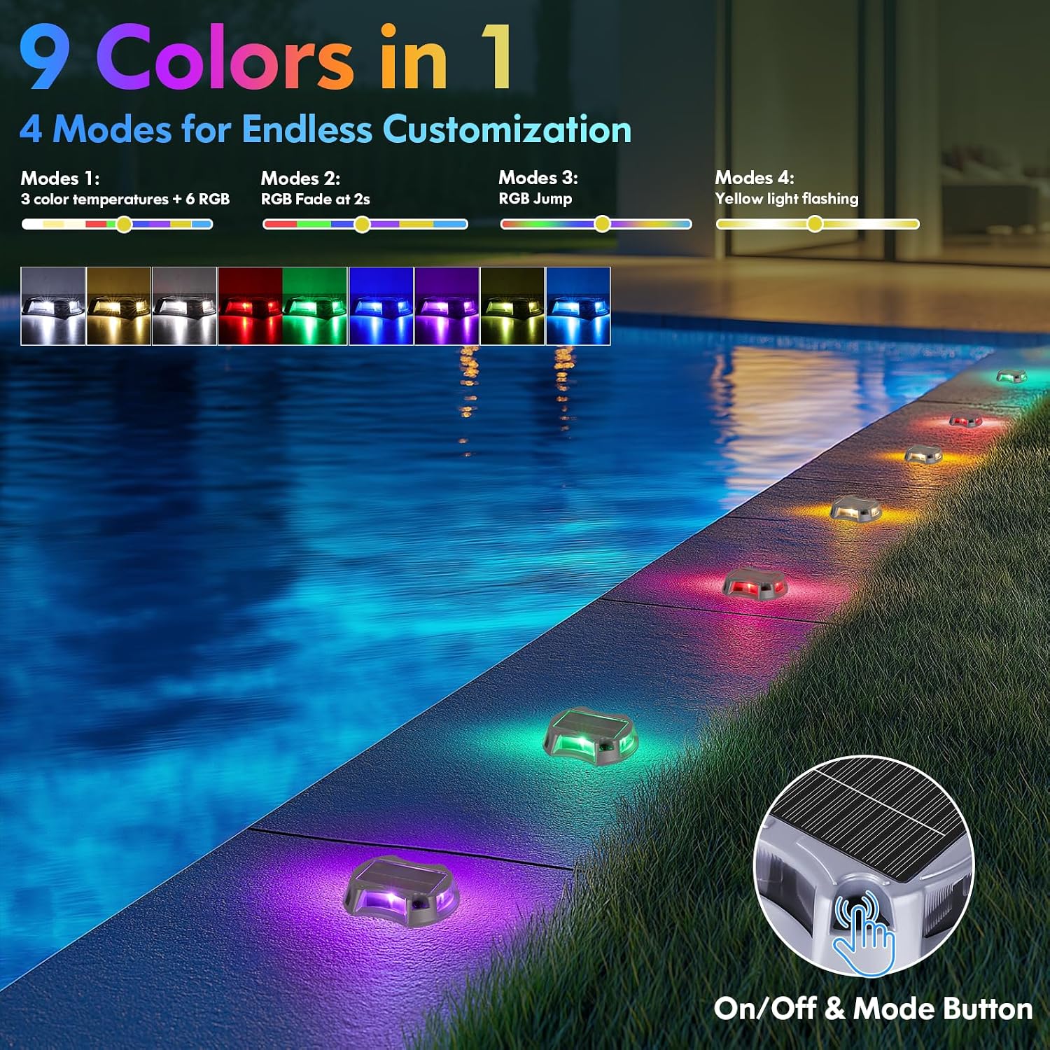 Bosceos Solar Driveway Lights Outdoor 20-Pack, Solar Deck Lights RGB Color Modes Dock Light Waterproof Driveway Markers Step Light for Sidewalk Stair Garden Pathway Walkway Yard