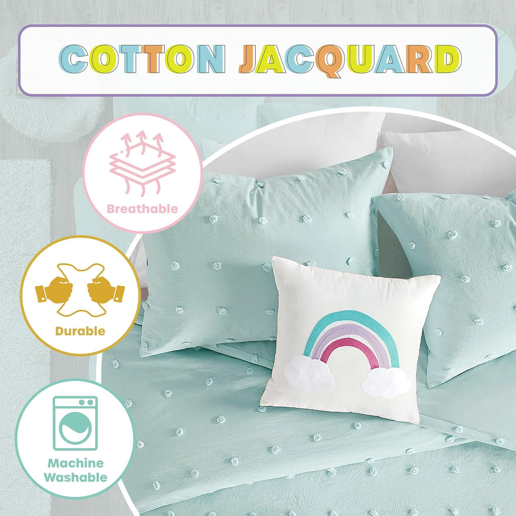 Intelligent Design Kids Callie Cotton Jacquard Weave Colorful Pom Pom Kids Comforter sets, Down Alternative Shabby Chic All Season Girls Bedding, Bedroom Decor, Twin/Twin XL, Aqua 4 Piece