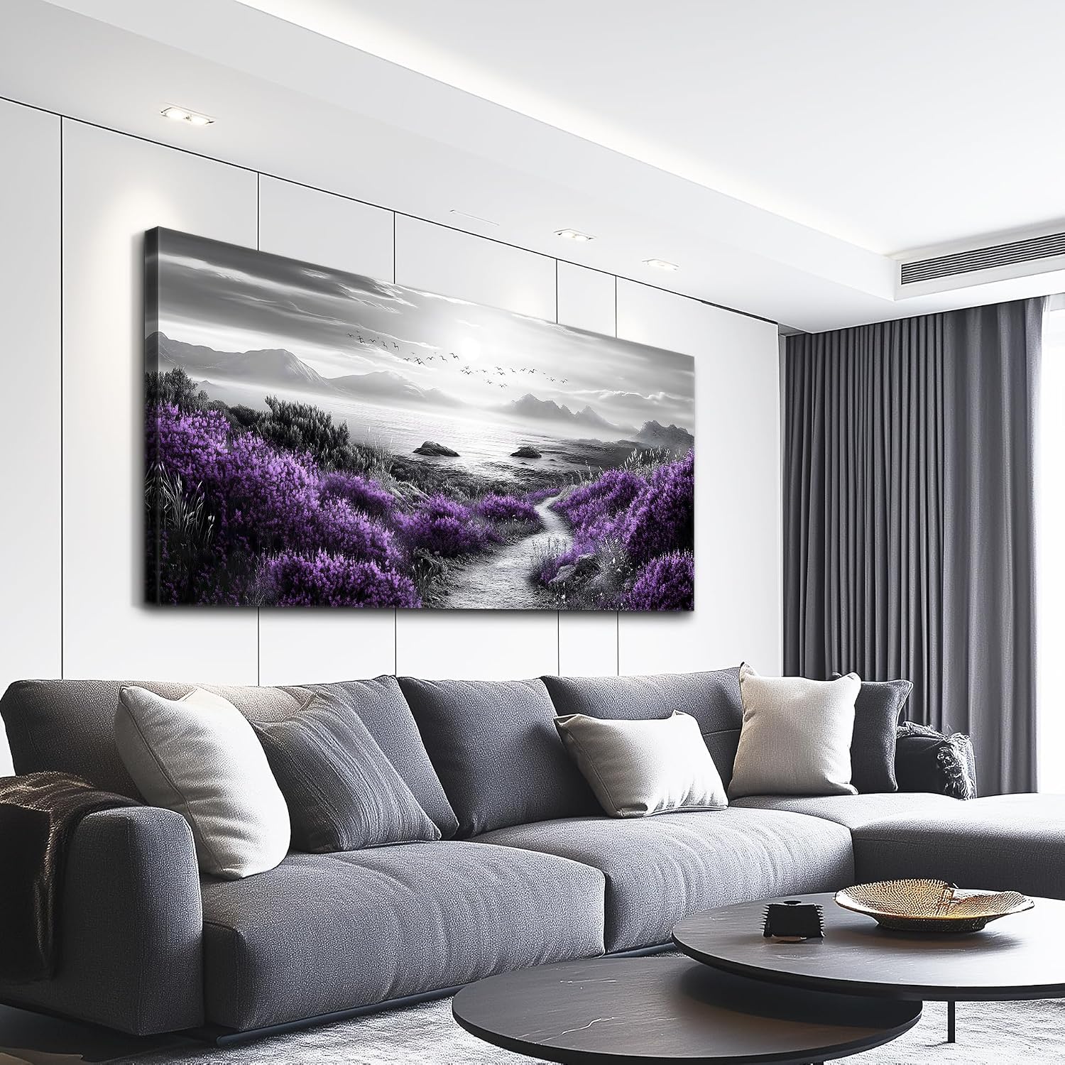 FUHAIHUA Canvas Wall Art For Living Room Large Wall Decor For Office Bedroom Decorations Purple Flowers Landscape Pictures Black And White Painting Artwork Wall Mural Aesthetic Home Decor 30x60 In