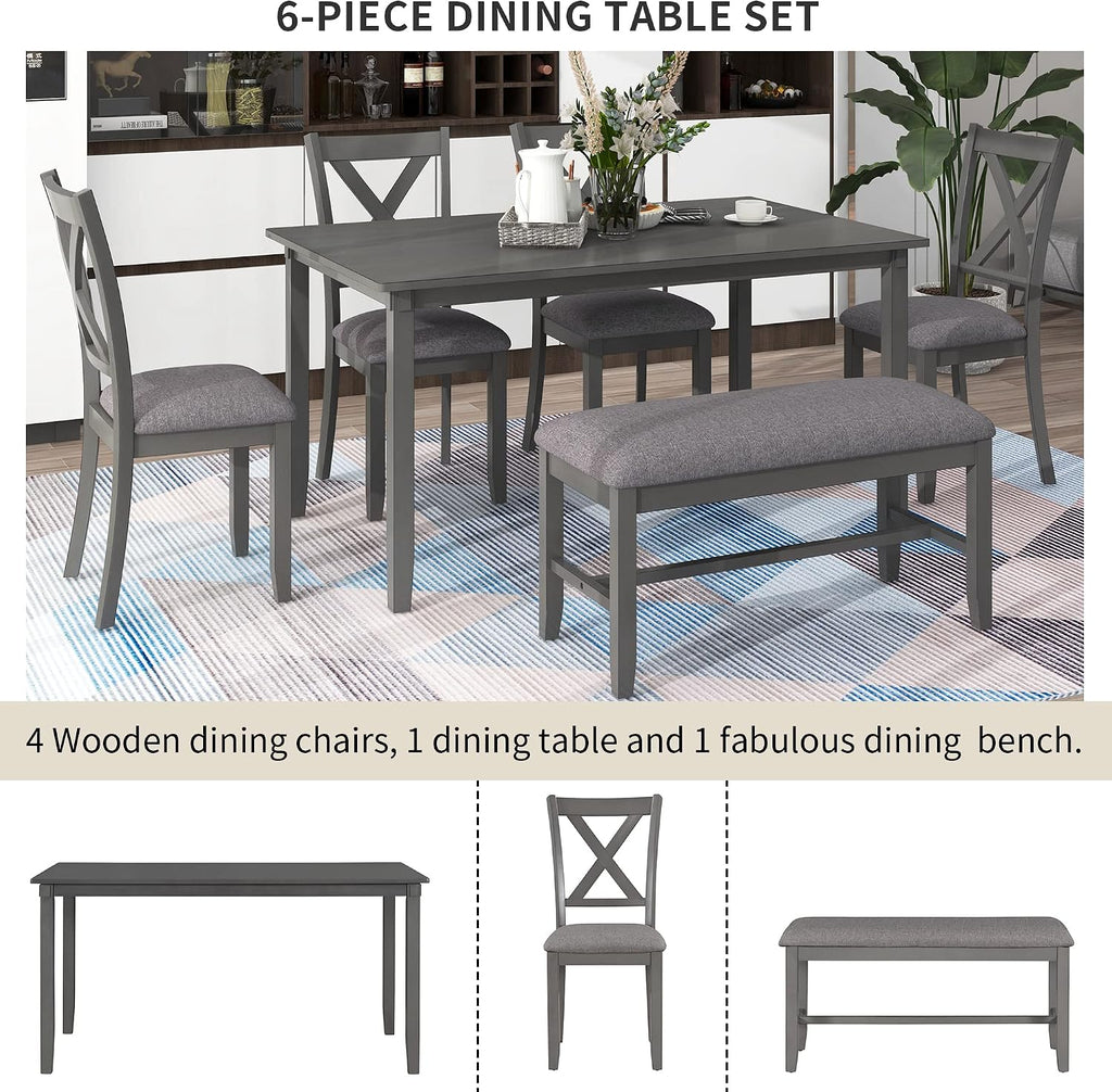 6-Piece Dining Room Table Set, Rustic Farmhouse Wood Dining Table Set with Rectangular Table 4 Upholstered Padded Chairs and 1 Padded Bench, Dining Set for Family of 4-6 People (Grey)