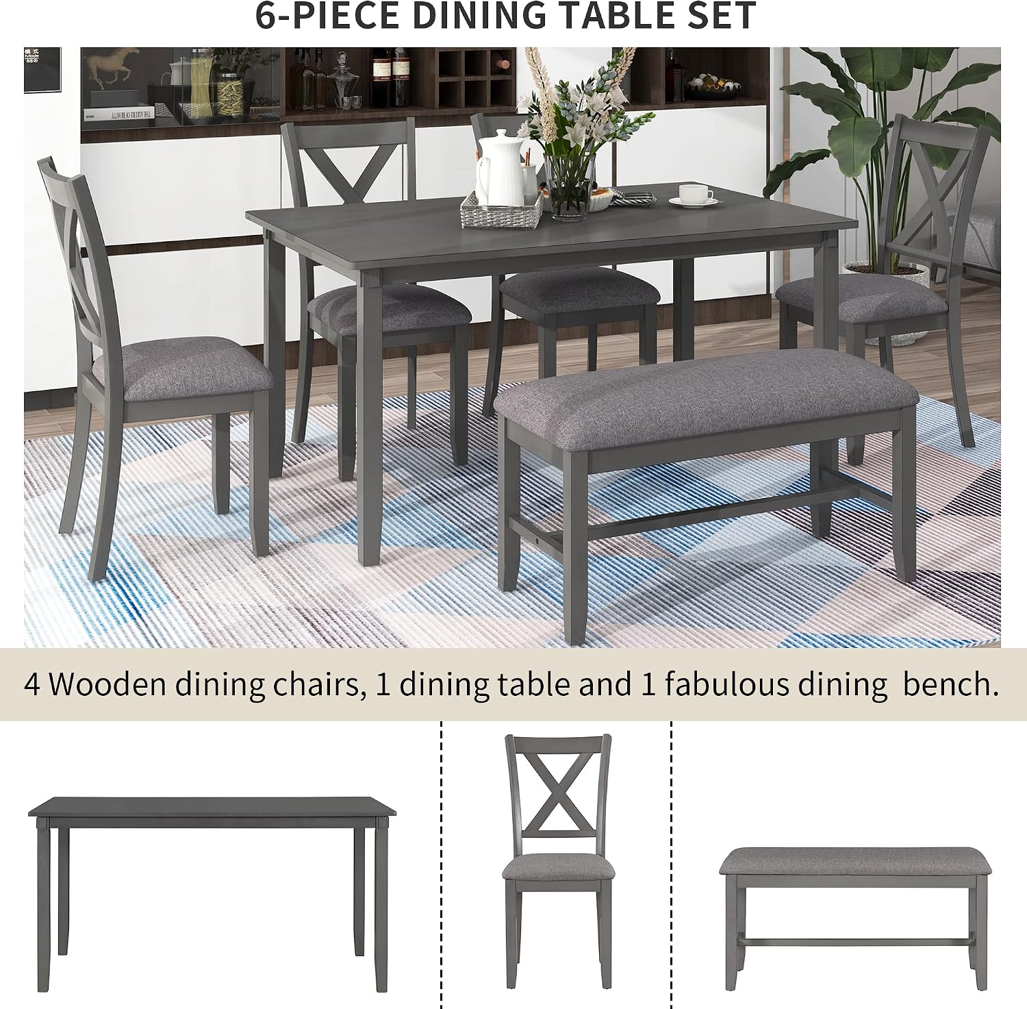 6-Piece Dining Room Table Set, Rustic Farmhouse Wood Dining Table Set with Rectangular Table 4 Upholstered Padded Chairs and 1 Padded Bench, Dining Set for Family of 4-6 People (Grey)