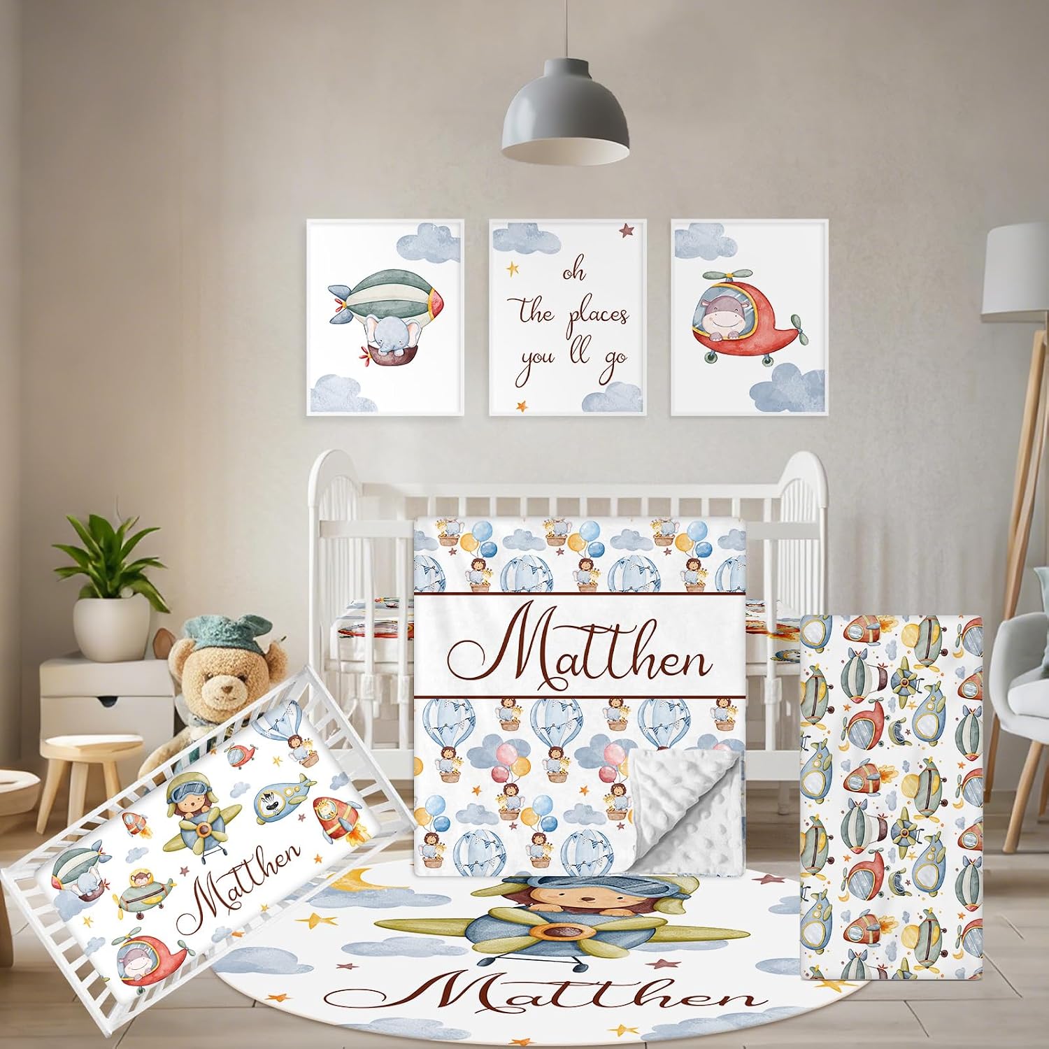 Terwex Personalized Crib Bedding Set, 5 Pcs Custom Name Nursery Bedding Set with Double Layer Flannel Blanket, Pilot Animals Baby Crib Set for Boys Girls, Customized Gifts for Toddlers Infants Babies