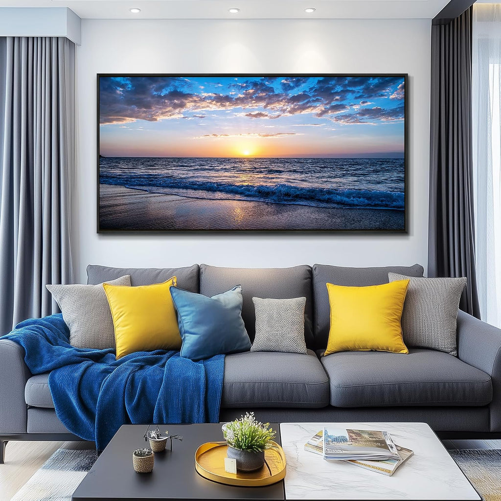 Blue Ocean Framed Wall Decor Living Room Large Size Canvas Wall Art For Bedroom Boho Home Decor Sea Beach Canvas Pictures Artwork Sunny Sea View Painting Office Wall Decorations Black Framed 30' X 60'