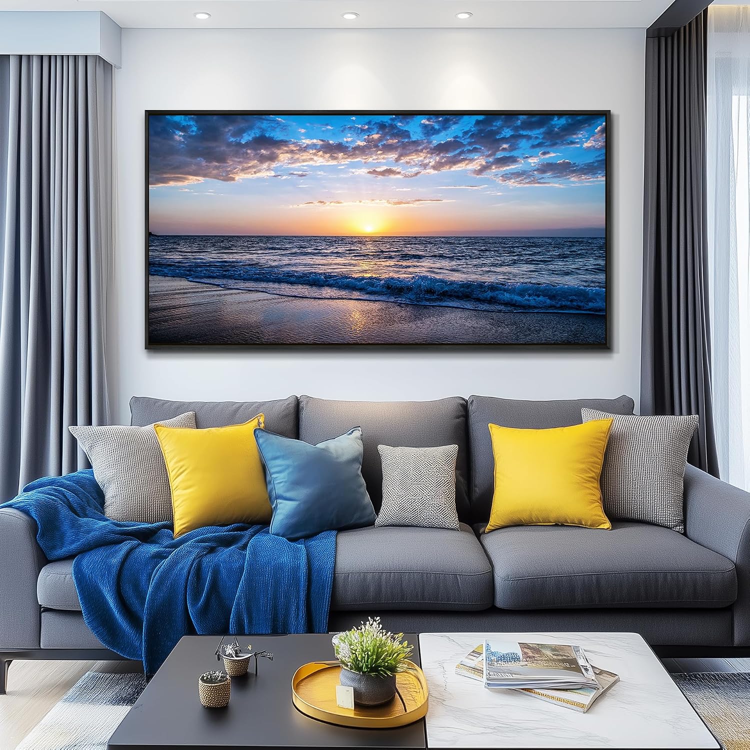 Blue Ocean Framed Wall Decor Living Room Large Size Canvas Wall Art For Bedroom Boho Home Decor Sea Beach Canvas Pictures Artwork Sunny Sea View Painting Office Wall Decorations Black Framed 30' X 60'