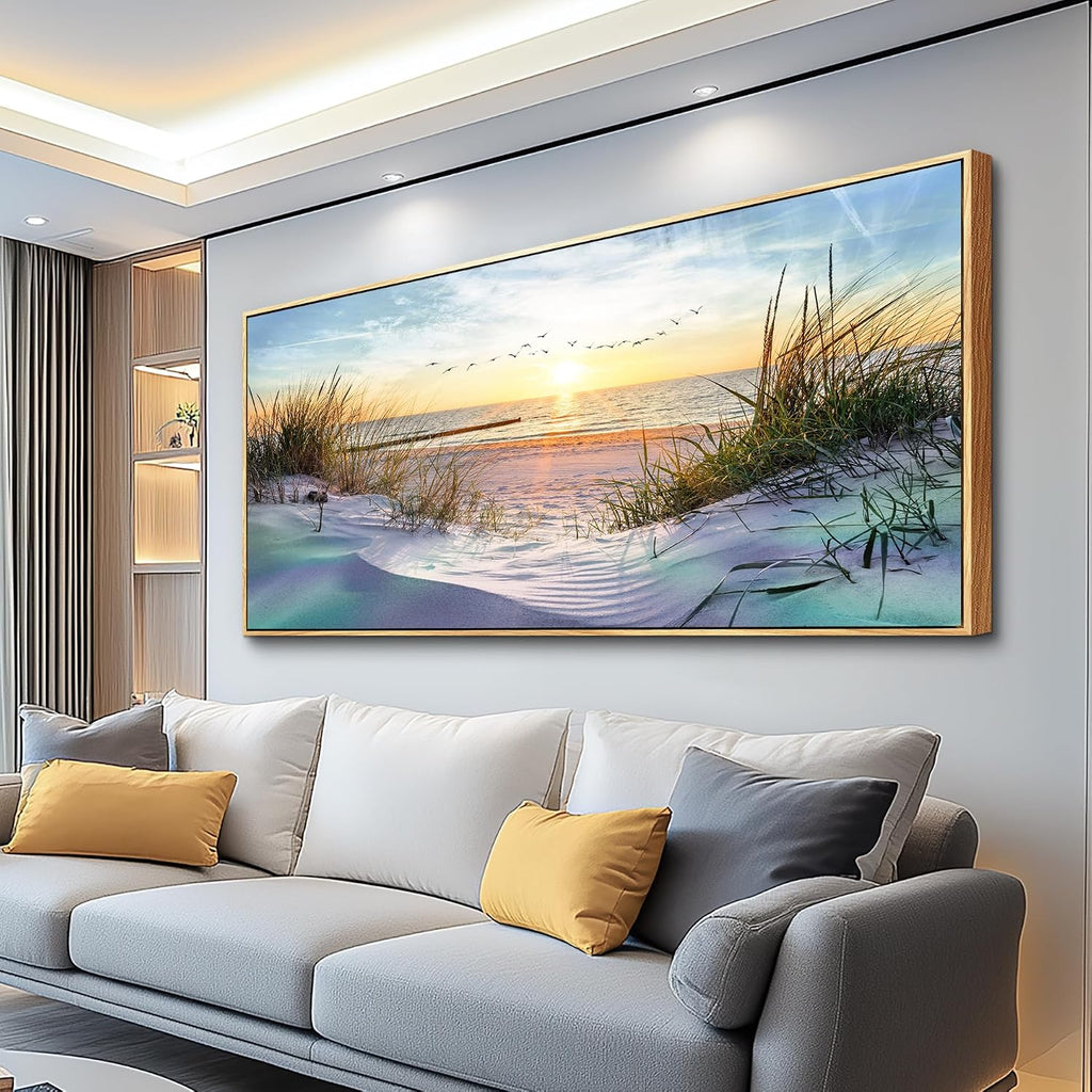 Wapluam Beach Wall Art For Living Room Coastal Canvas Prints Artwork Ocean Seascape Wall Paintings Nature Landscape Wall Decor Pictures for Bedroom Office Hotel Extra Large Framed Home Decor 32x72 In