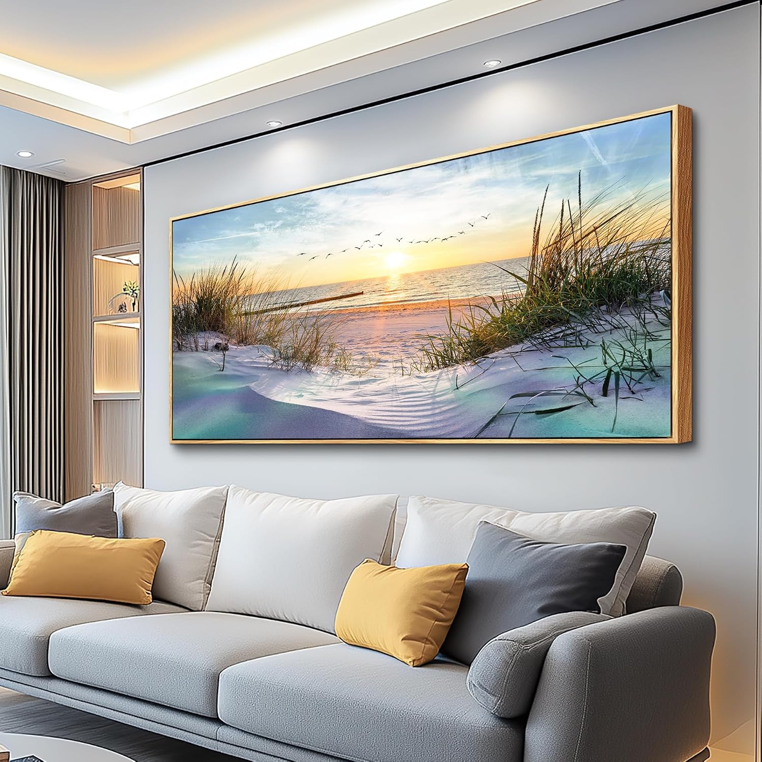 Wapluam Beach Wall Art For Living Room Coastal Canvas Prints Artwork Ocean Seascape Wall Paintings Nature Landscape Wall Decor Pictures for Bedroom Office Hotel Extra Large Framed Home Decor 32x72 In