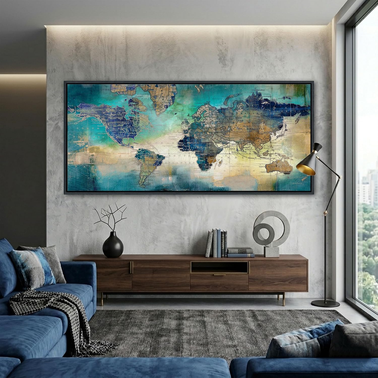 Large World Map Canvas Prints Wall Art for Living Room Office Green World Map Picture Artwork Decor for Home Decoration Black Framed Wall Art