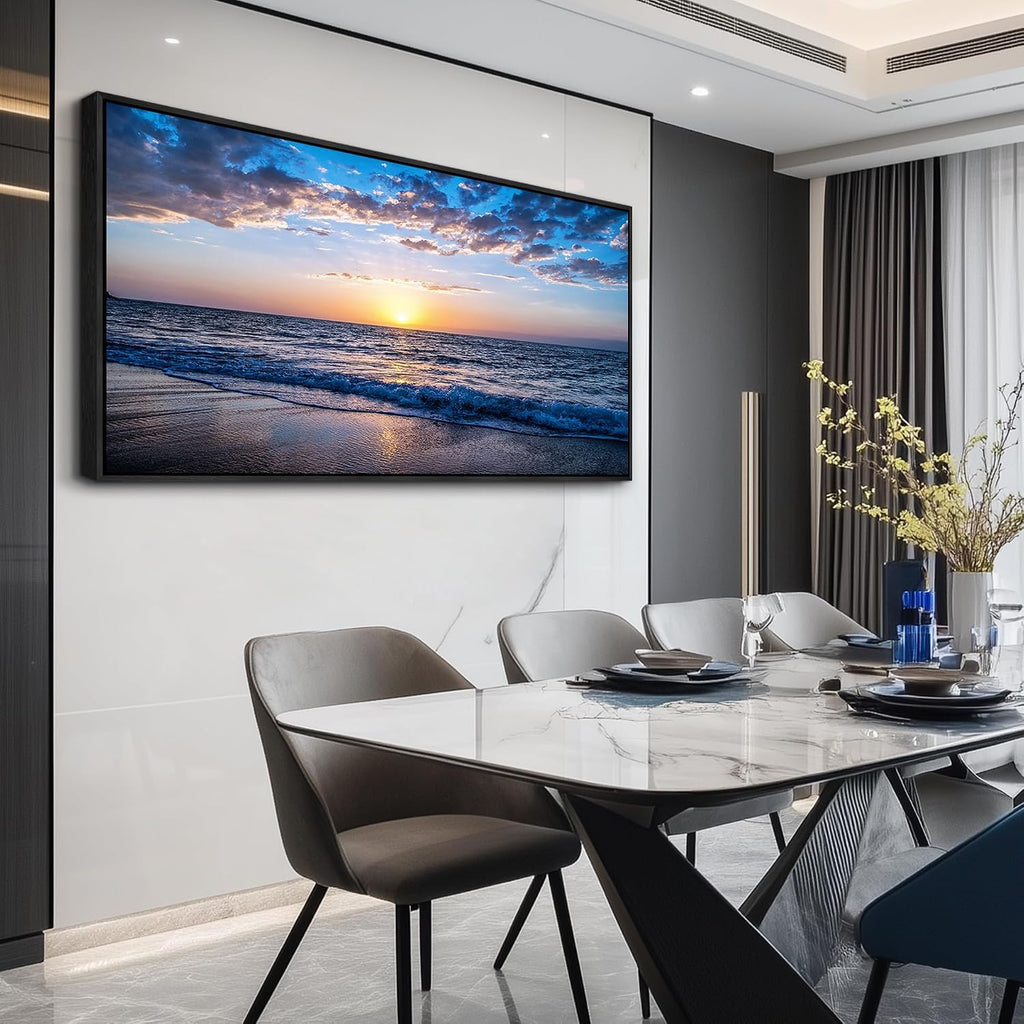 Blue Ocean Framed Wall Decor Living Room Large Size Canvas Wall Art For Bedroom Boho Home Decor Sea Beach Canvas Pictures Artwork Sunny Sea View Painting Office Wall Decorations Black Framed 30' X 60'