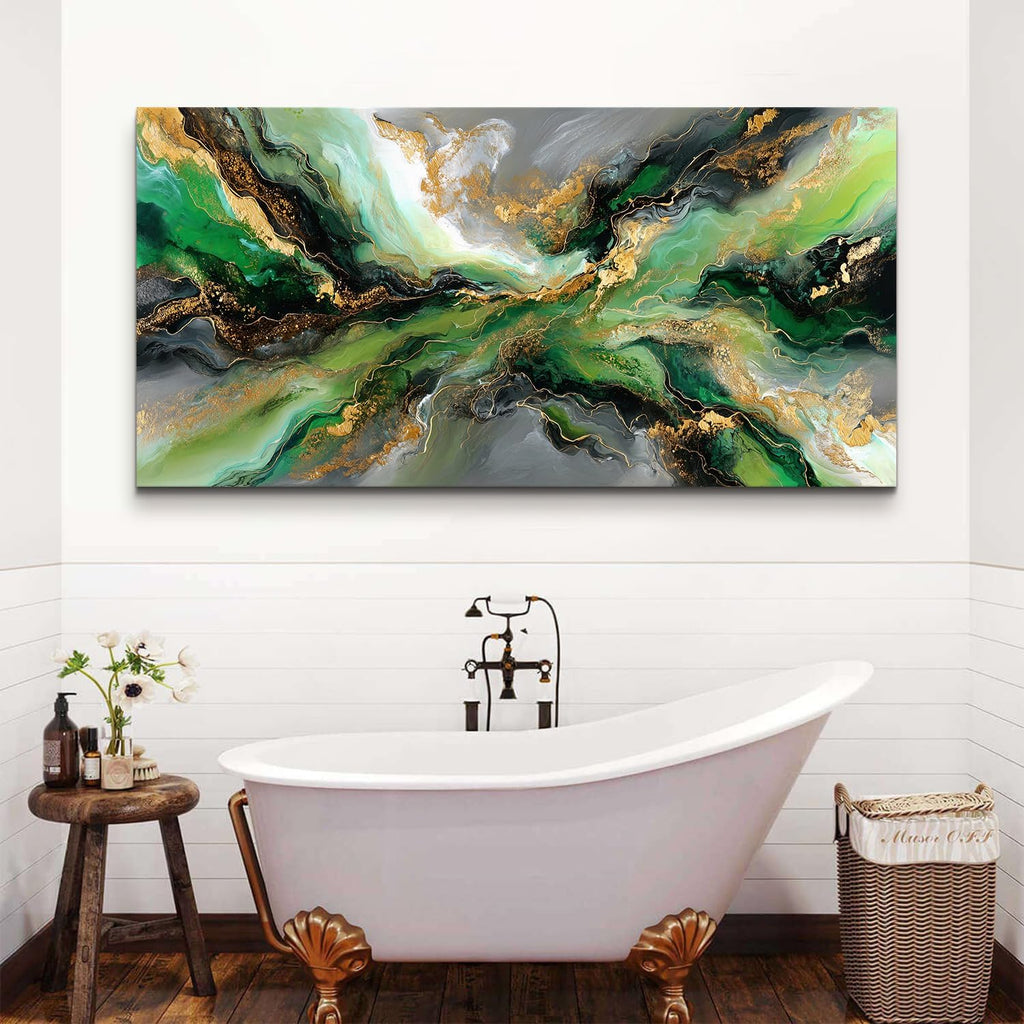 Emerald Green Abstract Wall Art Green and Gold Wall Decor Marble Canvas Picture for Living Room Above Couch Artwork Decorations Watercolor Liquid Textured Ink Prints Painting Poster Decor 75x147cm