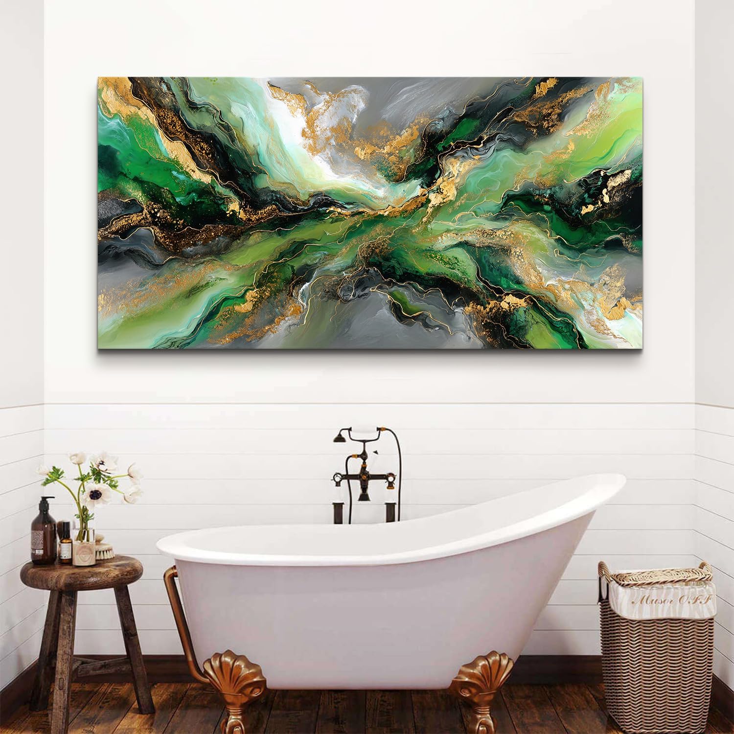 Emerald Green Abstract Wall Art Green and Gold Wall Decor Marble Canvas Picture for Living Room Above Couch Artwork Decorations Watercolor Liquid Textured Ink Prints Painting Poster Decor 75x147cm