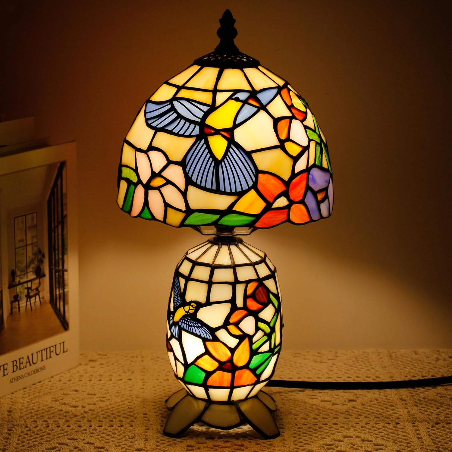 Small Tiffany Lamp Stained Glass Table Lamp Mini Mother Daughter Vase Desk Accent Light for Bedroom Bedside Reading Home Antique Style Decor 8X14 Inches (Hummingbird)
