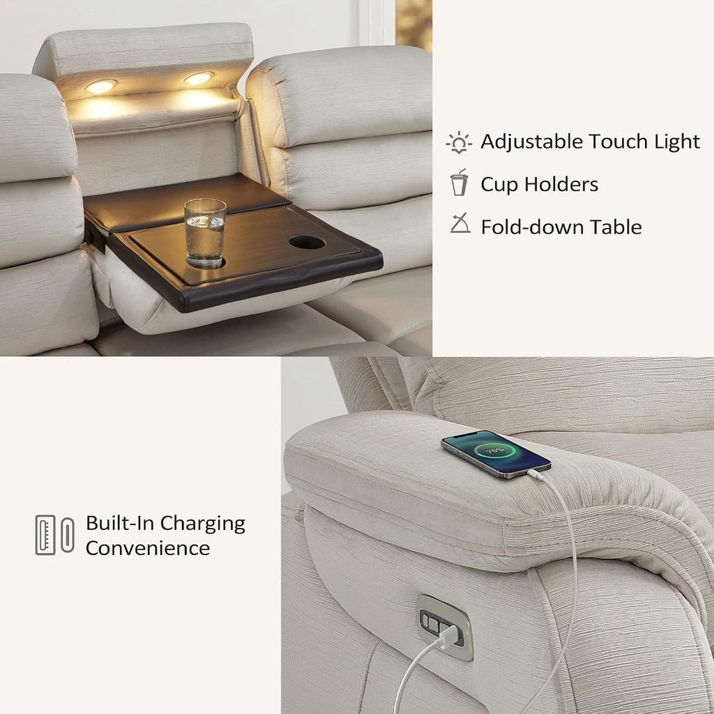 MCombo 87.2'' Wall Hugger Power Recliner Sofa with Drop Down Table, Reclining Sofa with Adjustable Headrest, USB Charge Ports, Reading Lamp, for Living Room, RVs, Fabric, ST258M3 (3-Seater, Beige)