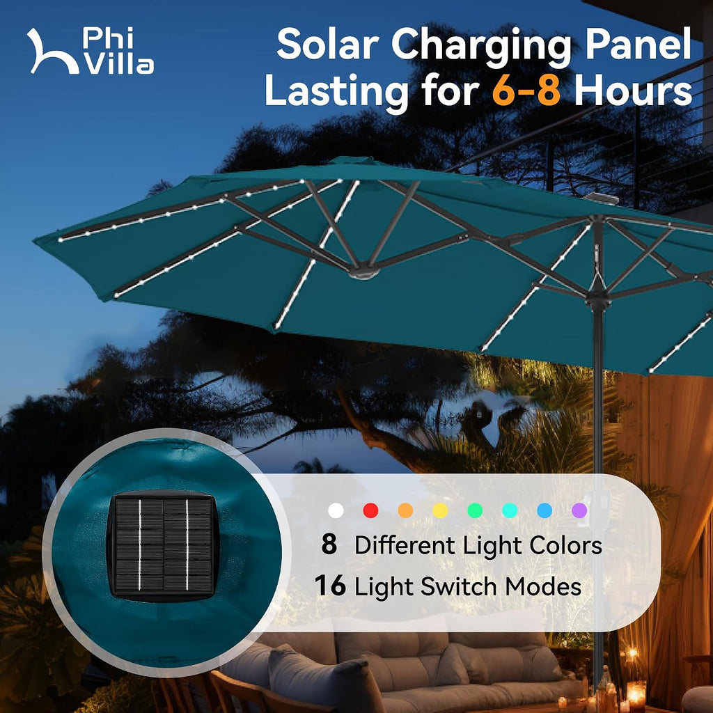 PHI VILLA 13ft Patio Umbrella with Solar-Powered 120 PCS LED Color-Changing Lights, Triple-Head Large Rectangle Umbrella Outdoor Patio for Table with Crank Lift,Cyan(No Base)