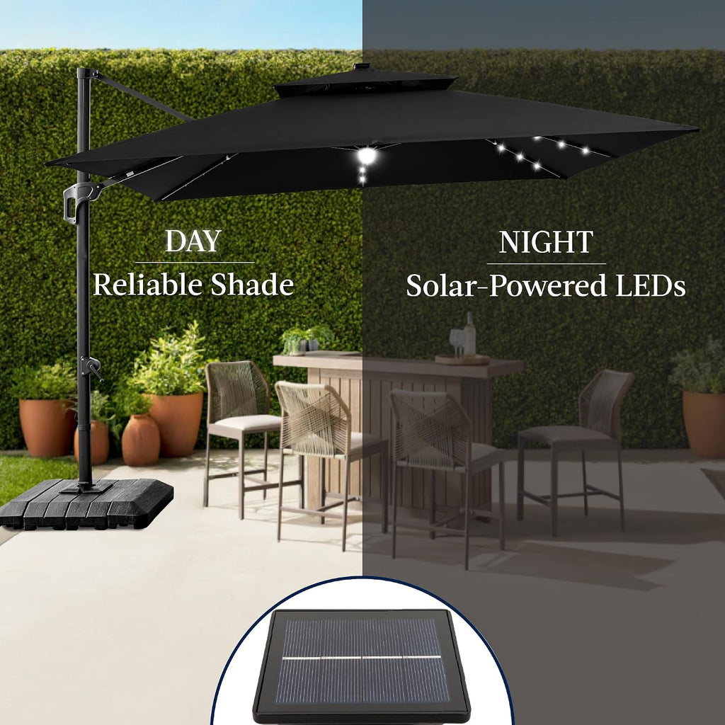 Best Choice Products 12x12ft LED Cantilever Patio Umbrella w/Base Included & 360° Rotation, Large Solar Offset Hanging Outdoor Sun Shade for Deck, Backyard Table w/Stand & Lights – Black