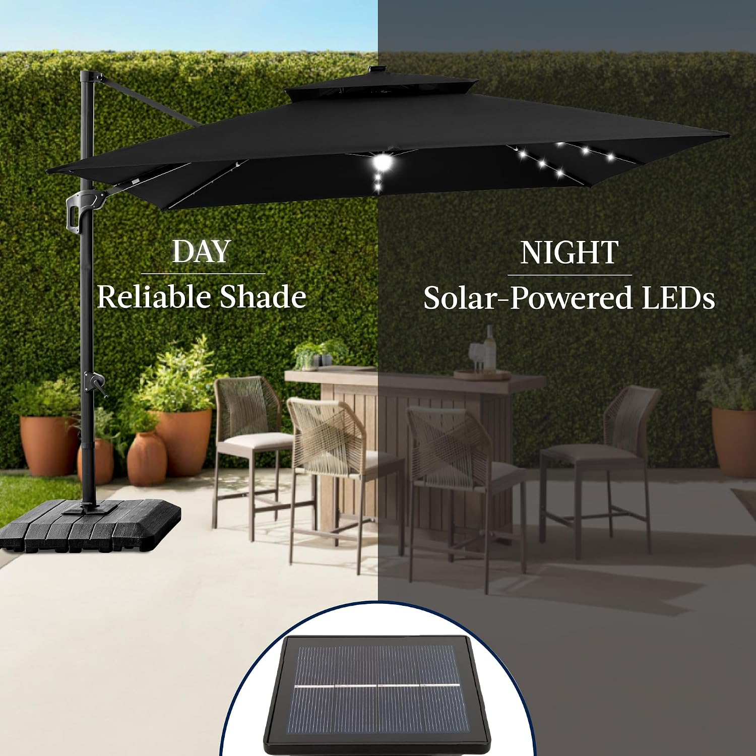 Best Choice Products 12x12ft LED Cantilever Patio Umbrella w/Base Included & 360° Rotation, Large Solar Offset Hanging Outdoor Sun Shade for Deck, Backyard Table w/Stand & Lights – Black