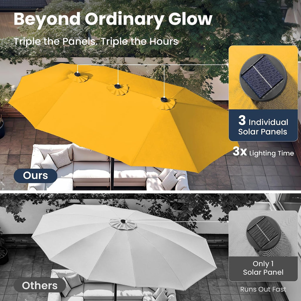 PHI VILLA 15ft Large Patio Umbrella with Solar Lights, Double-Sided Outdoor Market Rectangle Umbrellas with 36 LED Lights, Umbrella Base (Stand) Included, Golden Yellow