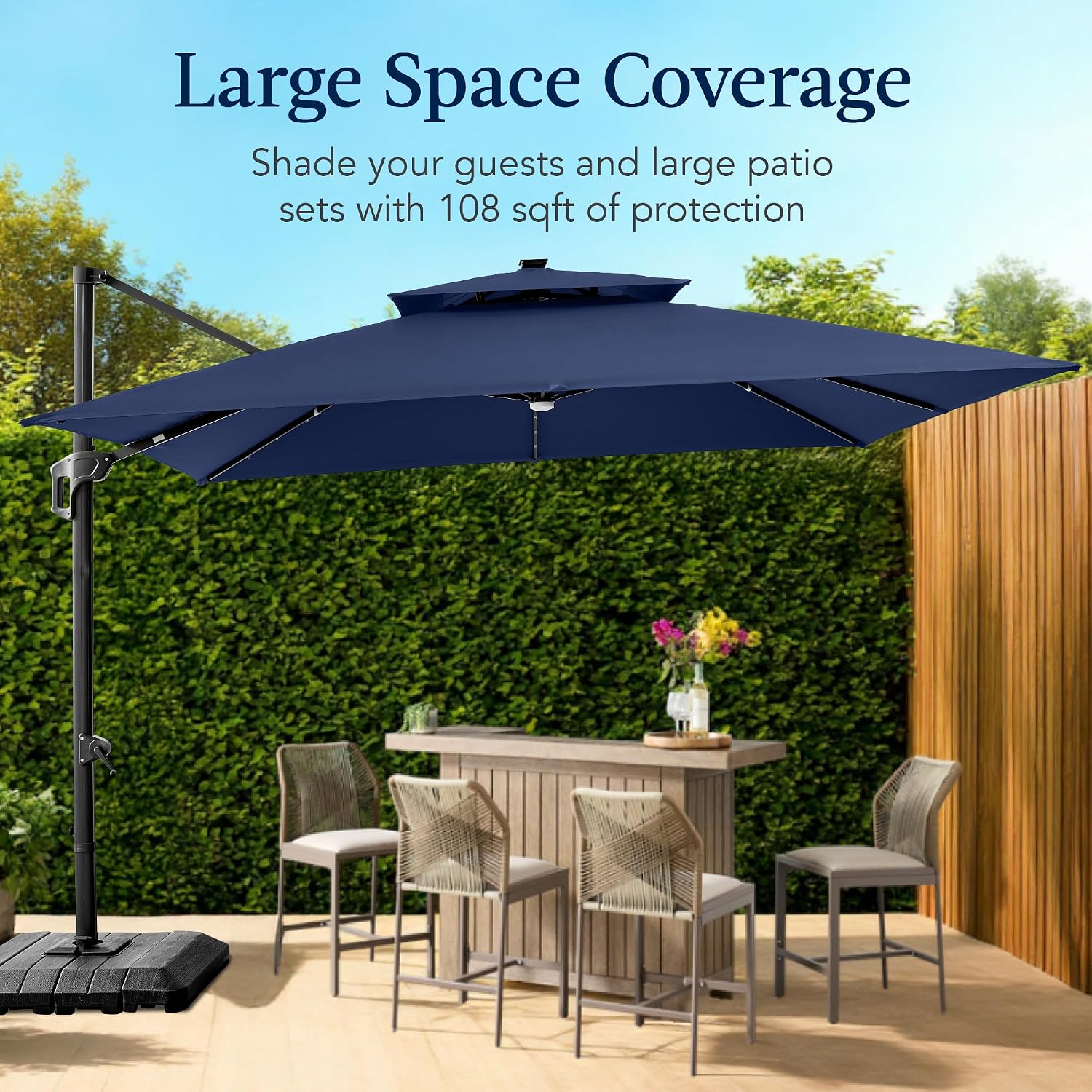 Best Choice Products 9x12ft LED Cantilever Patio Umbrella w/Base Included & 360° Rotation, Large Solar Offset Hanging Outdoor Sun Shade for Deck, Backyard Table w/Stand & Lights – Navy Blue